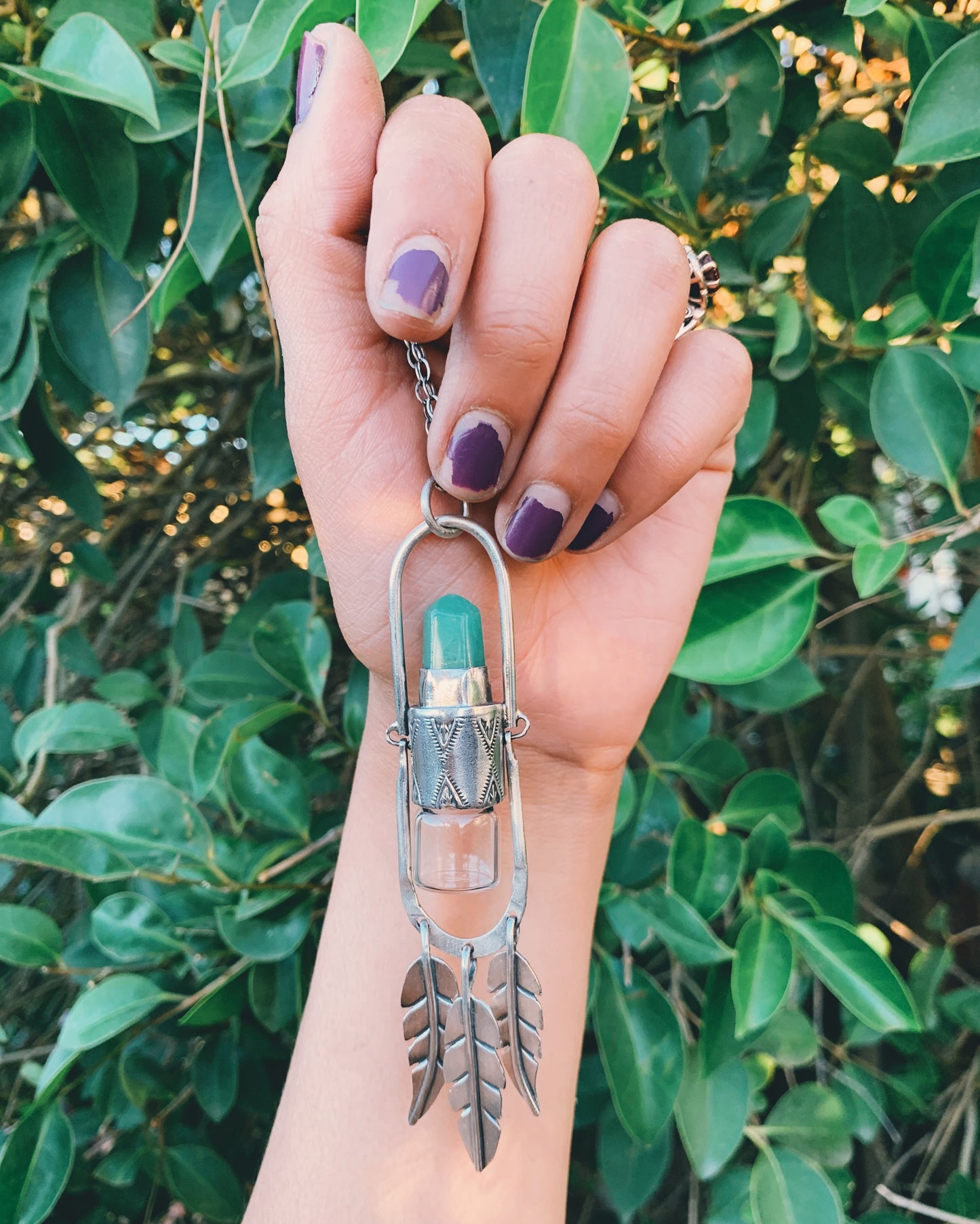 Leafy Fringe Green Aventurine and Sterling Silver Rollerball Necklace