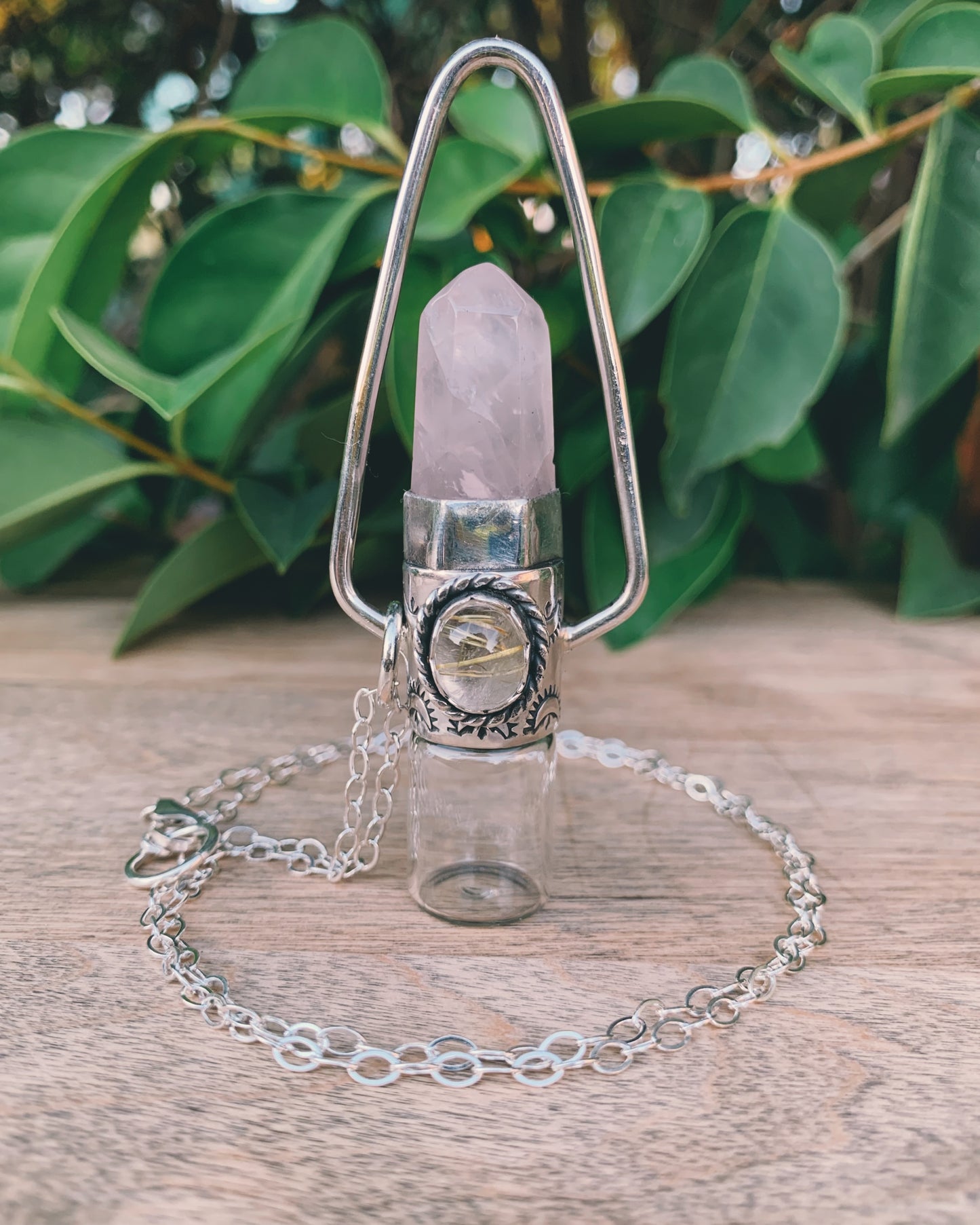 Sterling Silver Geometric - Rose Quartz + Golden Rutilated Quartz Rollerball Necklace