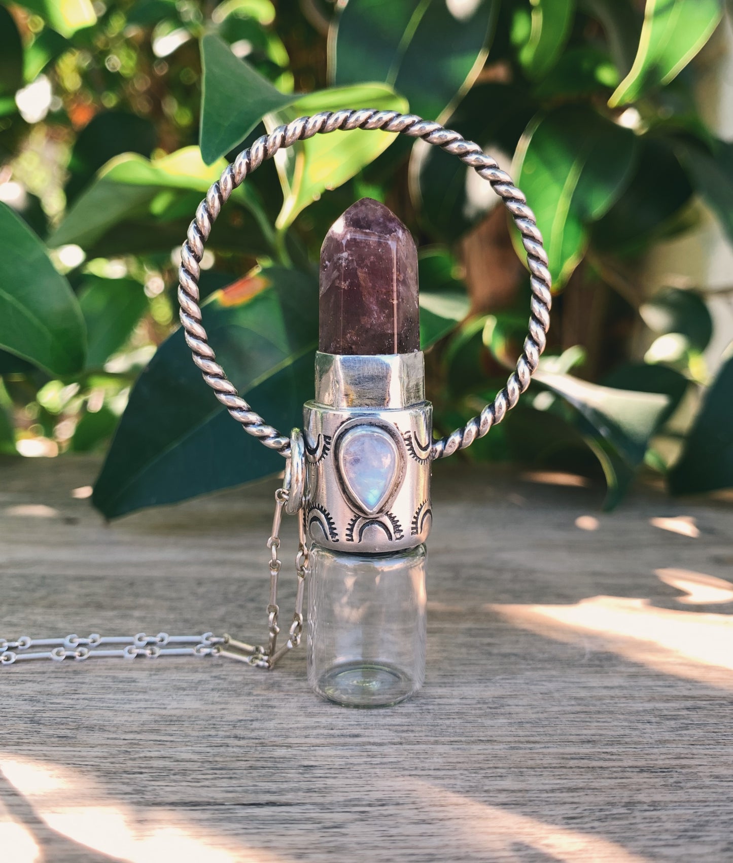 Sterling Silver Twisted Horizon - Super 7 + Moonstone Rollerball Necklace