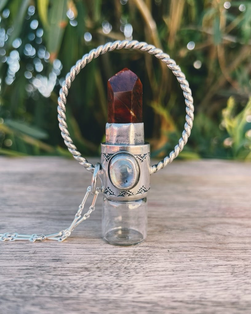 Sterling Silver Twist Horizon - Amphibole Quartz + Rainbow Moonstone Rollerball Necklace