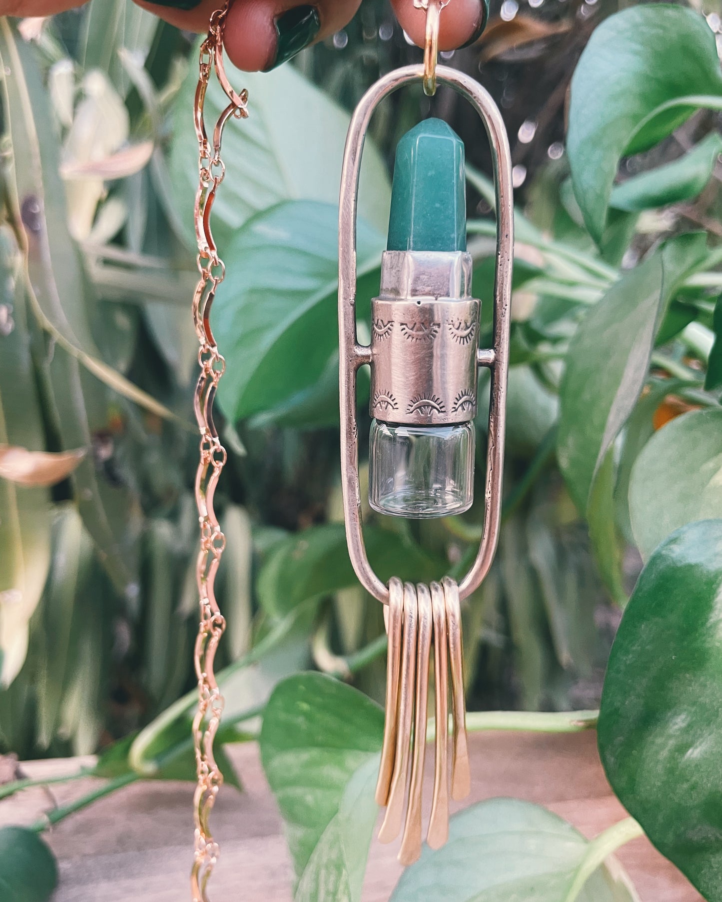 Brass Lucid Fringe - Green Aventurine Rollerball Necklace