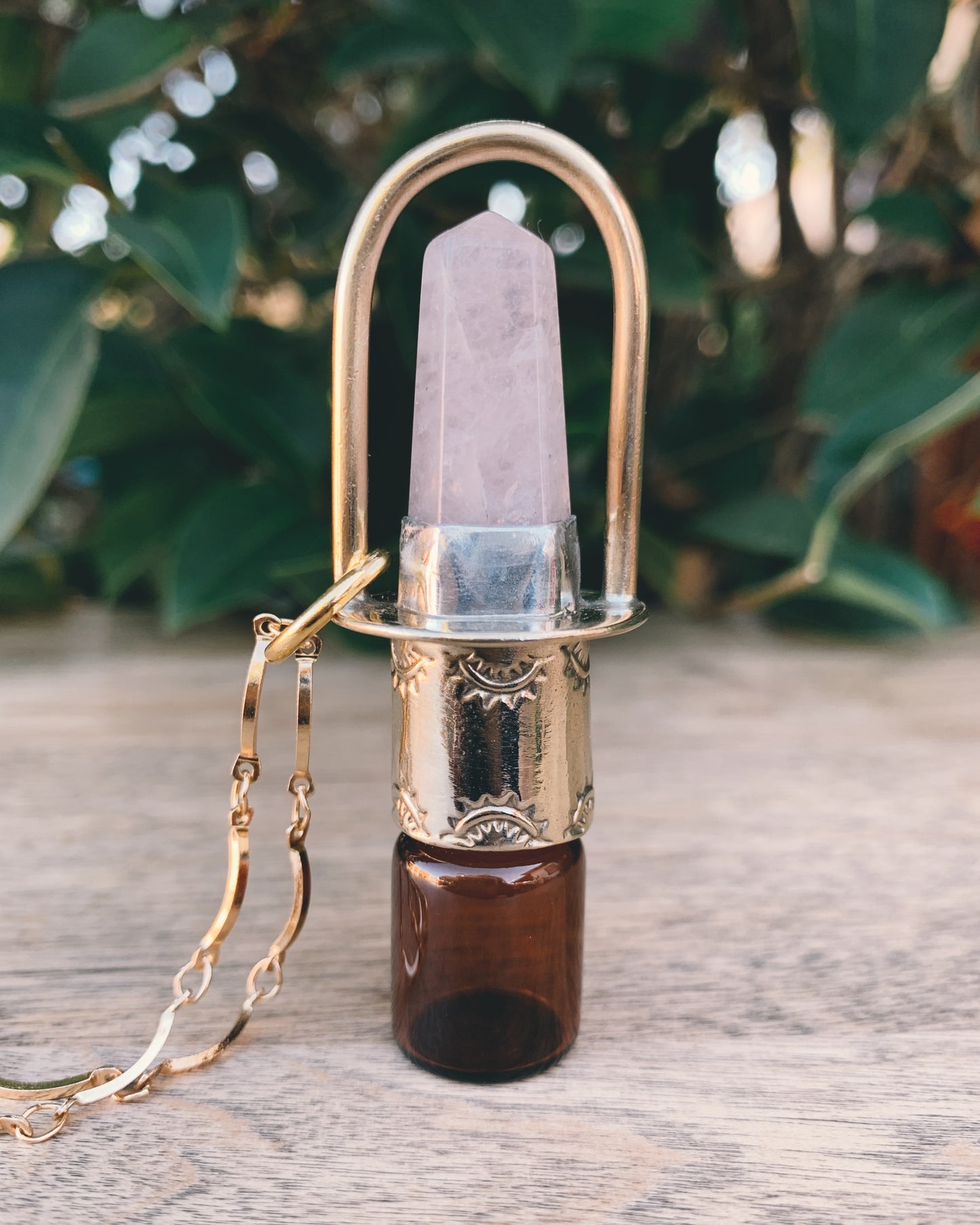 Classic - Rose Quartz and Brass Rollerball Necklace