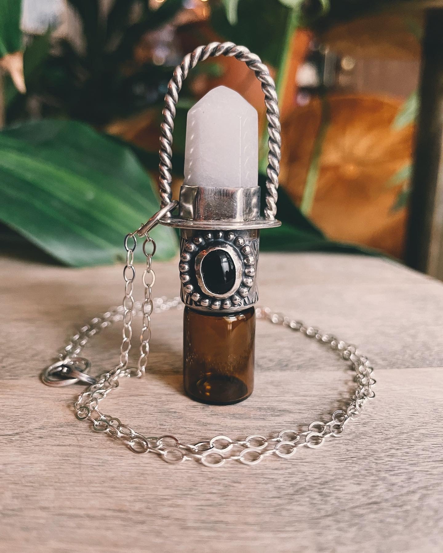 Snow Quartz & Onyx Rollerball Necklace