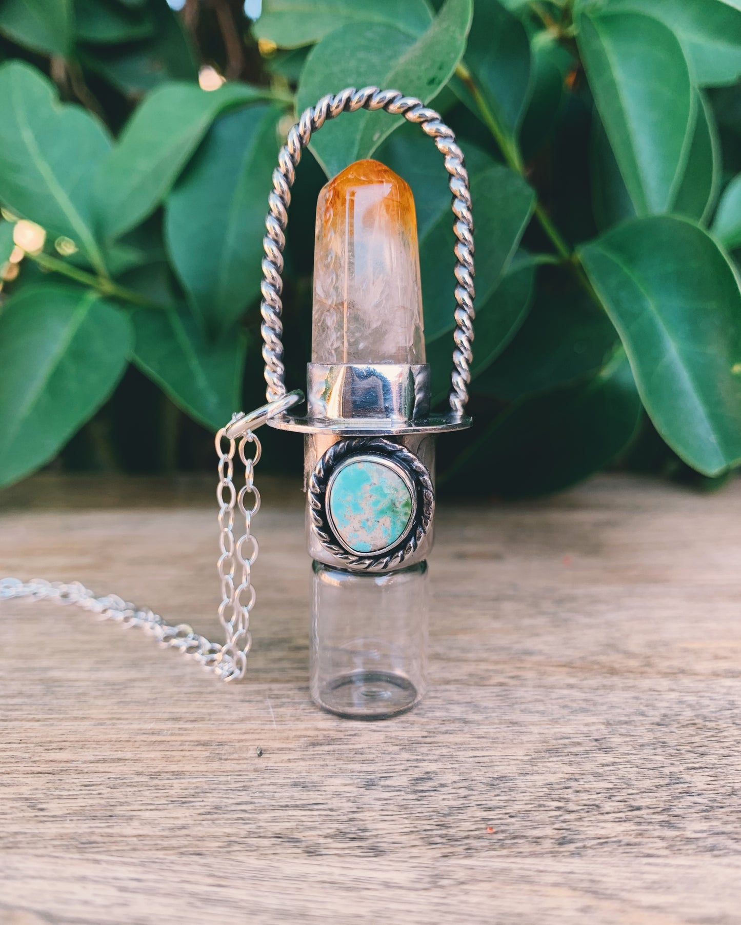 Classic - Hematoid Quartz, Royston Turquoise and Sterling Silver Rollerball Necklace