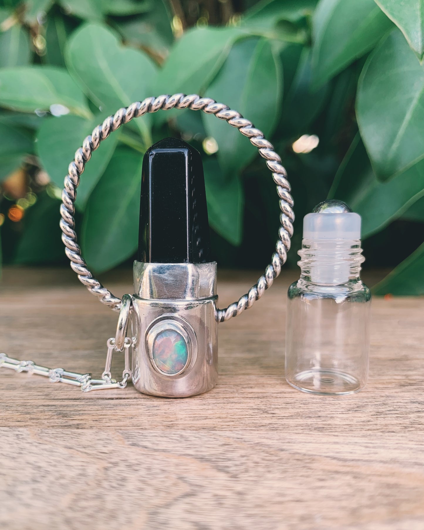 Horizon - Obsidian with Ethiopian Opal and Sterling Silver Rollerball Necklace