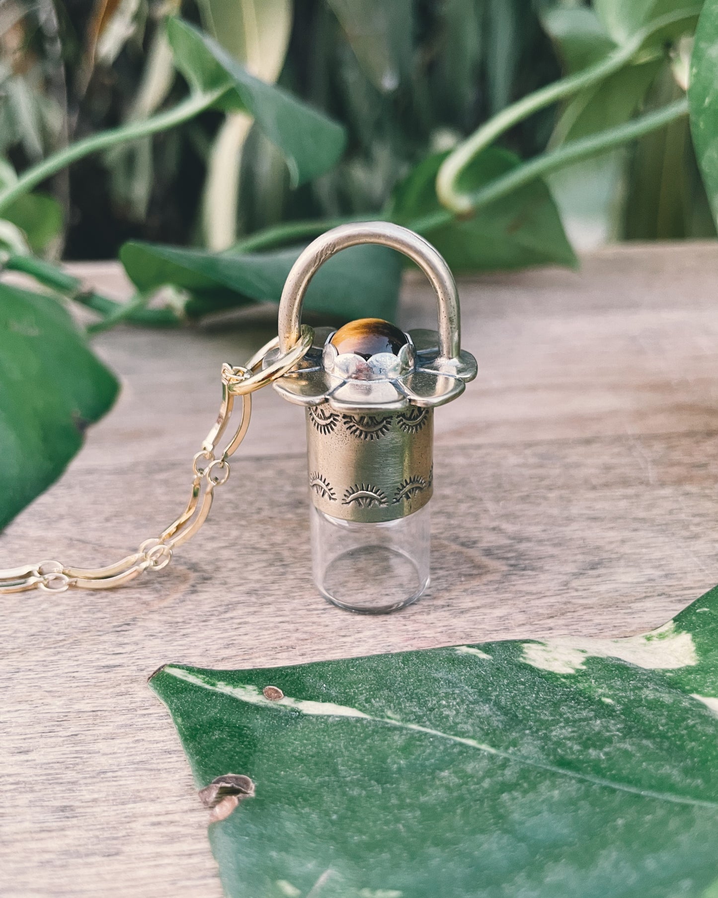 Brass Daisy - Tigers Eye Rollerball Necklace