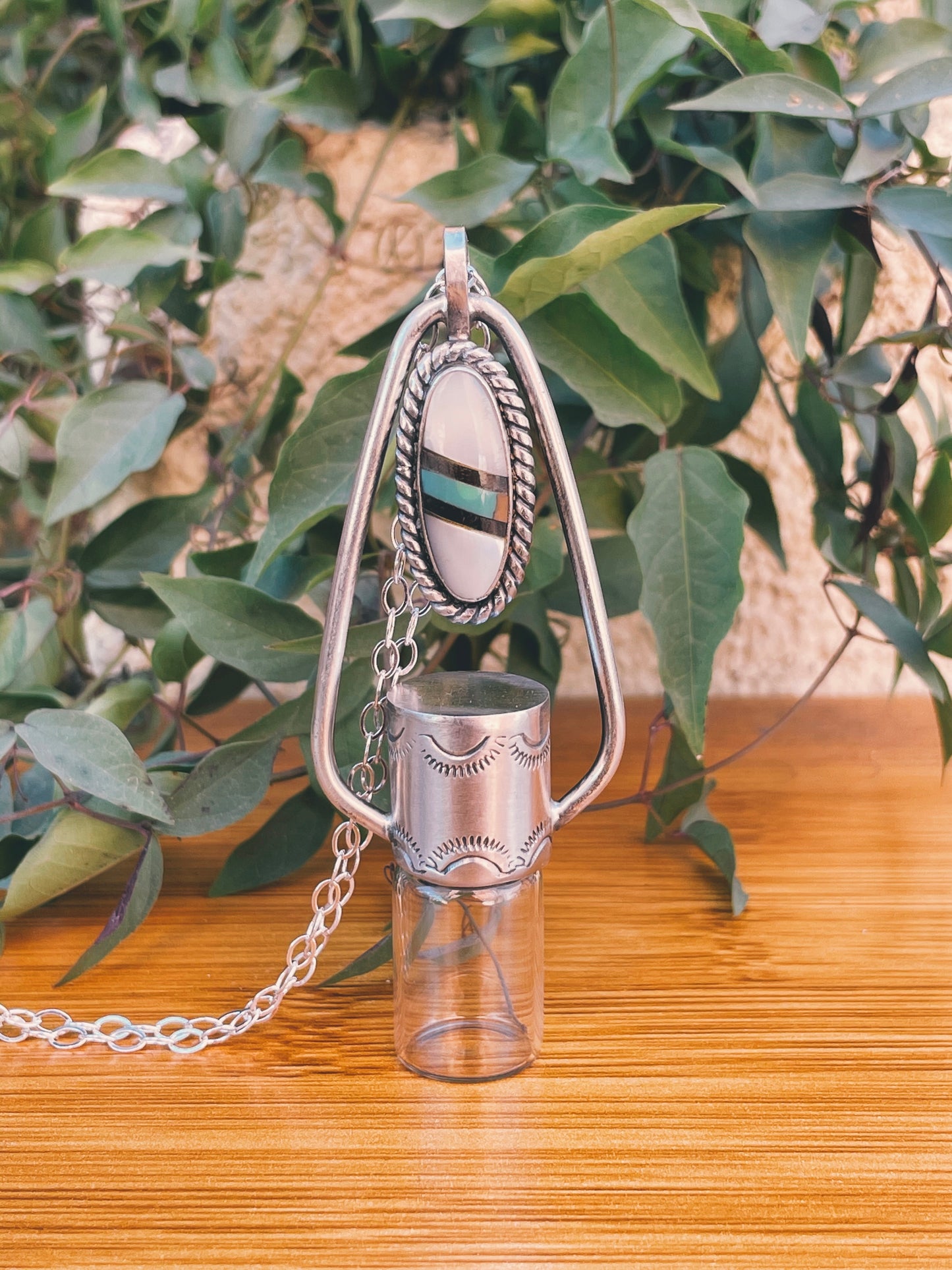 Sterling Silver Geometric Floater - Mother of Pearl + Black Onyx + Turquoise Rollerball Necklace