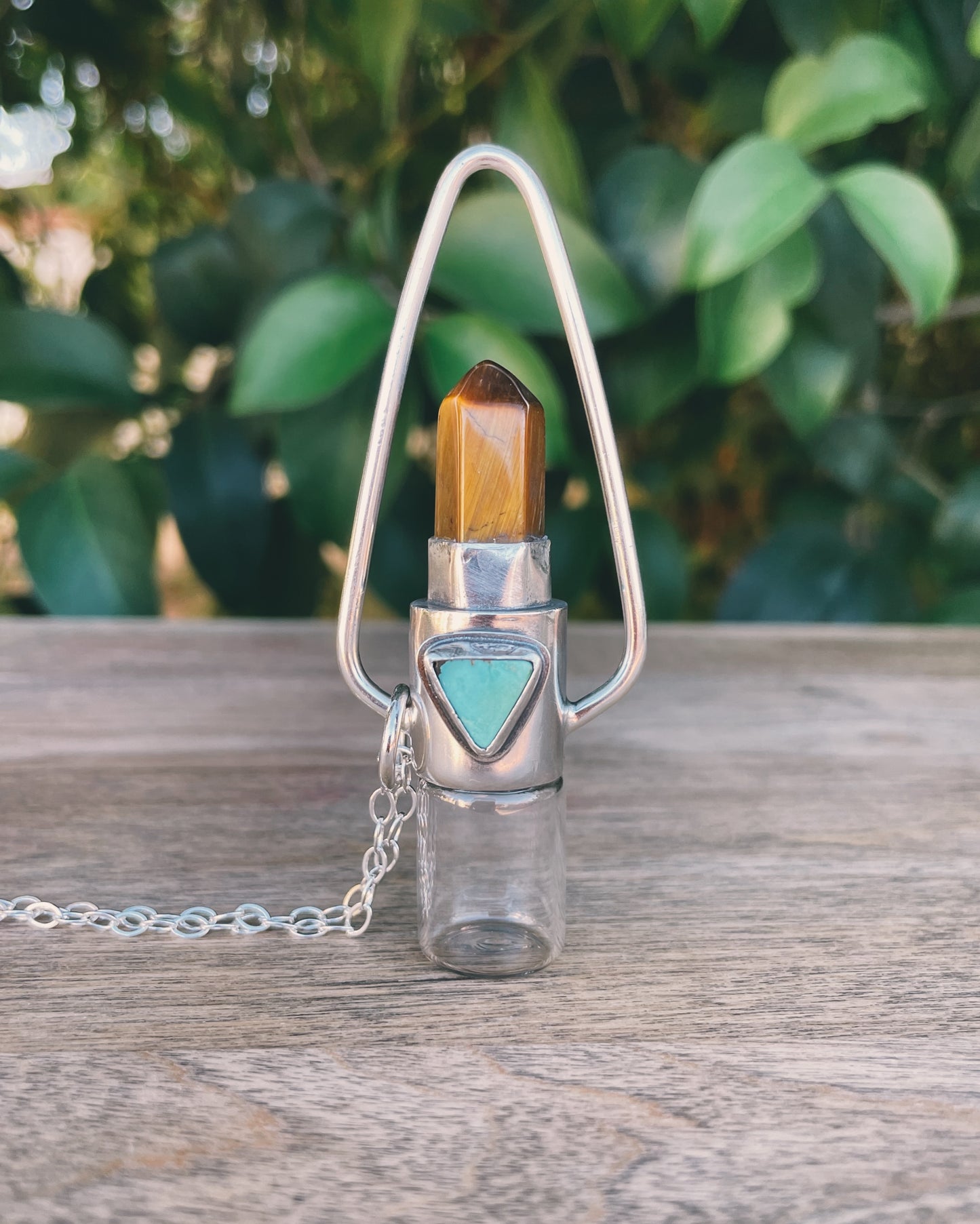 Sterling Silver Geometric - Tigers Eye + Morenci Turquoise Rollerball Necklace