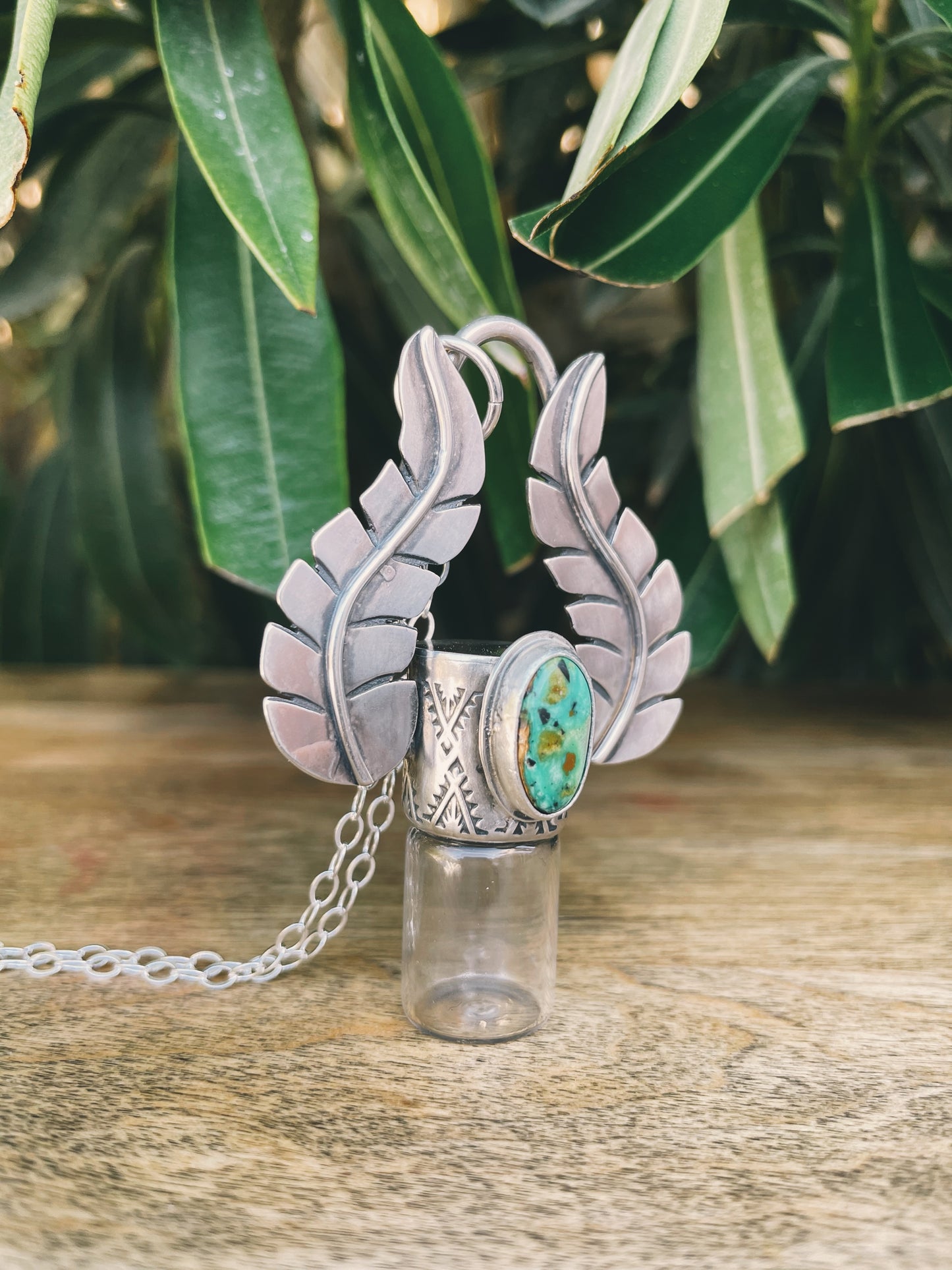 Sterling Silver Geometric Leafy - Royston Turquoise Rollerball Necklace