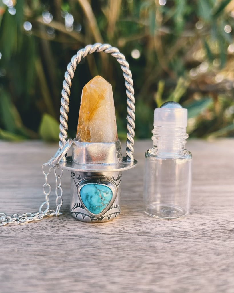 Sterling Silver Twist Classic - Golden Healer + Kingman Turquoise Rollerball Necklace