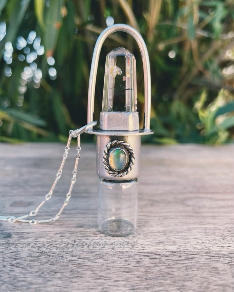 Sterling Silver Classic - Clear Quartz + Ethiopian Opal Rollerball Necklace