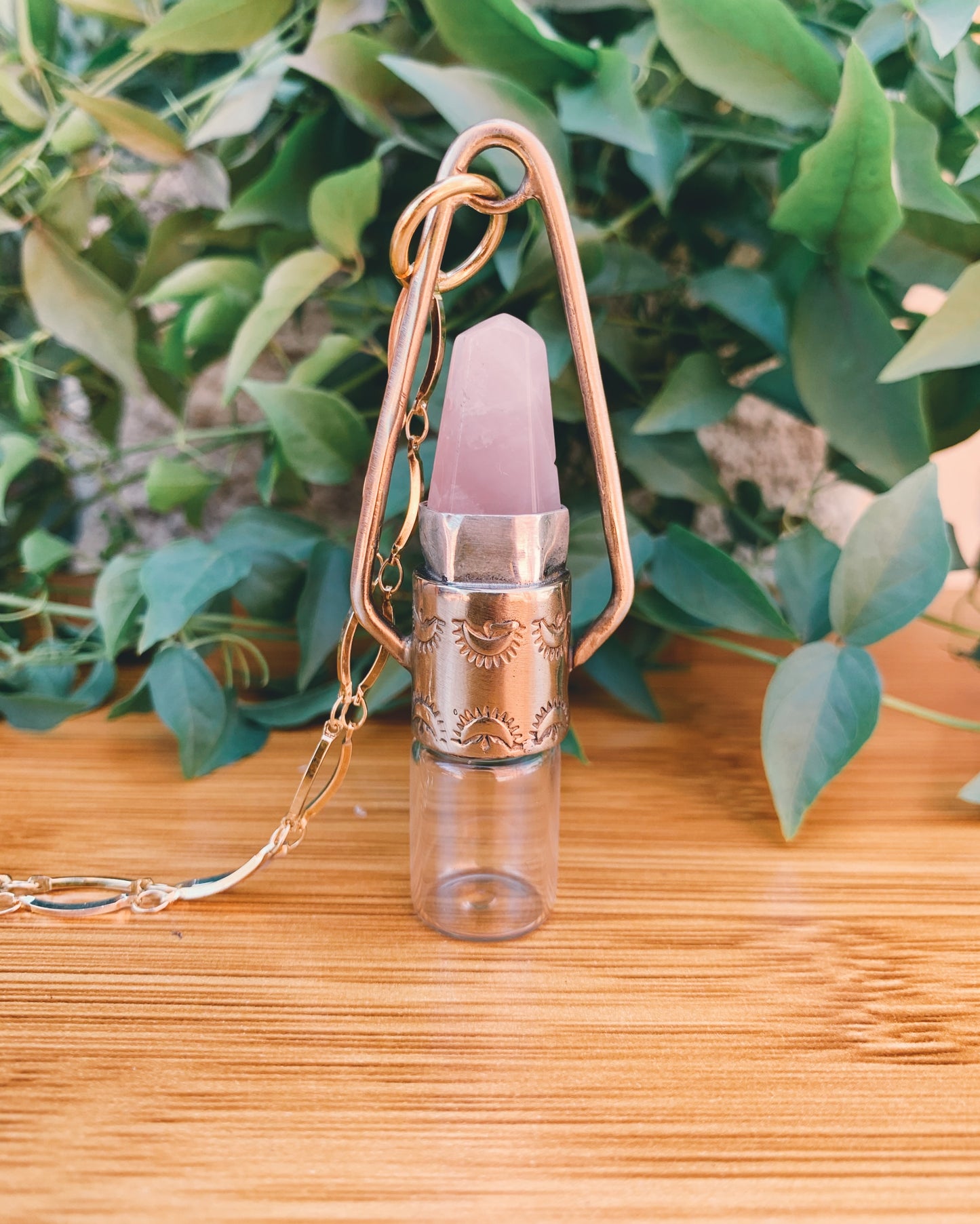 Brass Geometric - Rose Quartz Rollerball Necklace