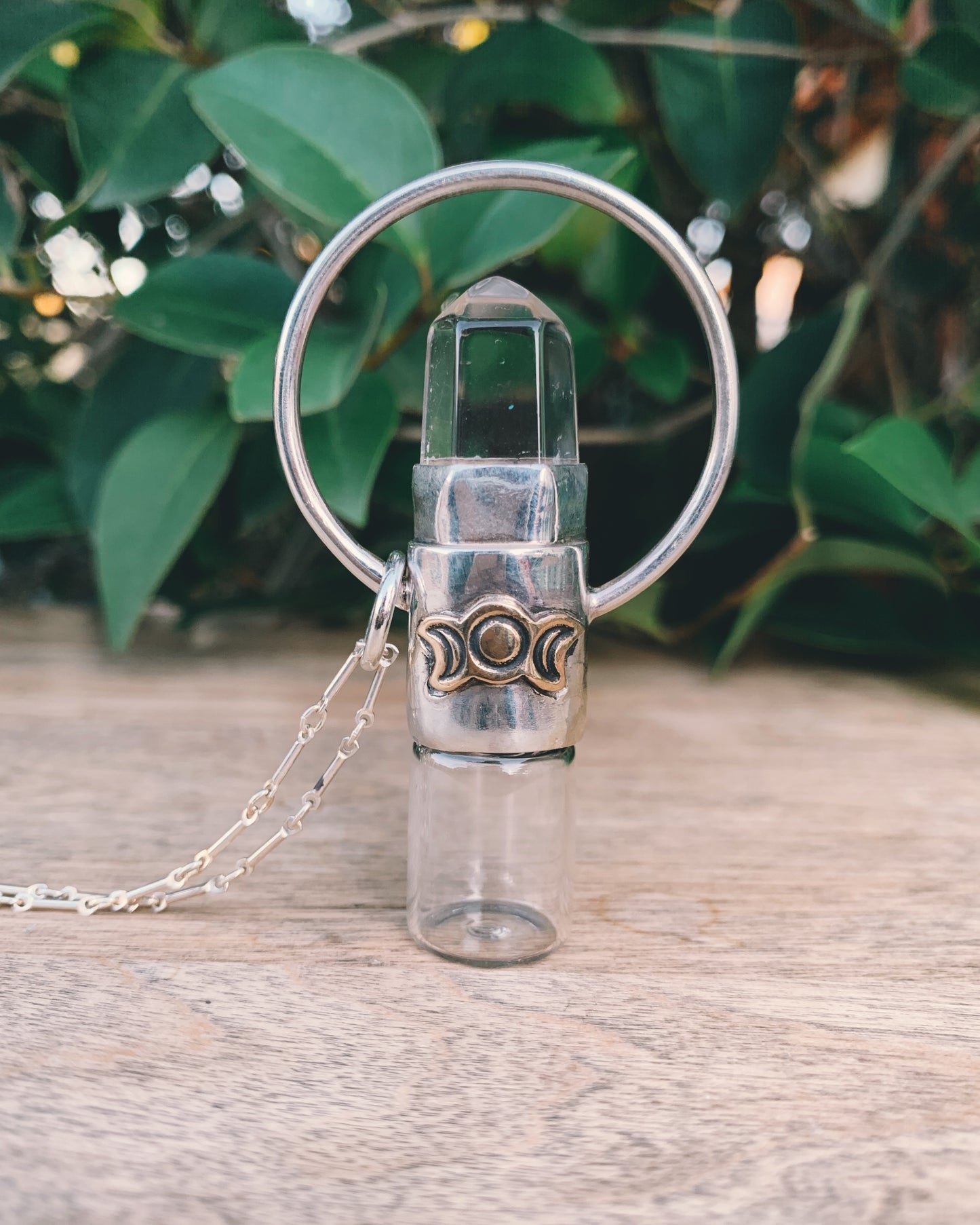 Horizon - Clear Quartz and Sterling Silver Rollerball Necklace(Moon Phase)