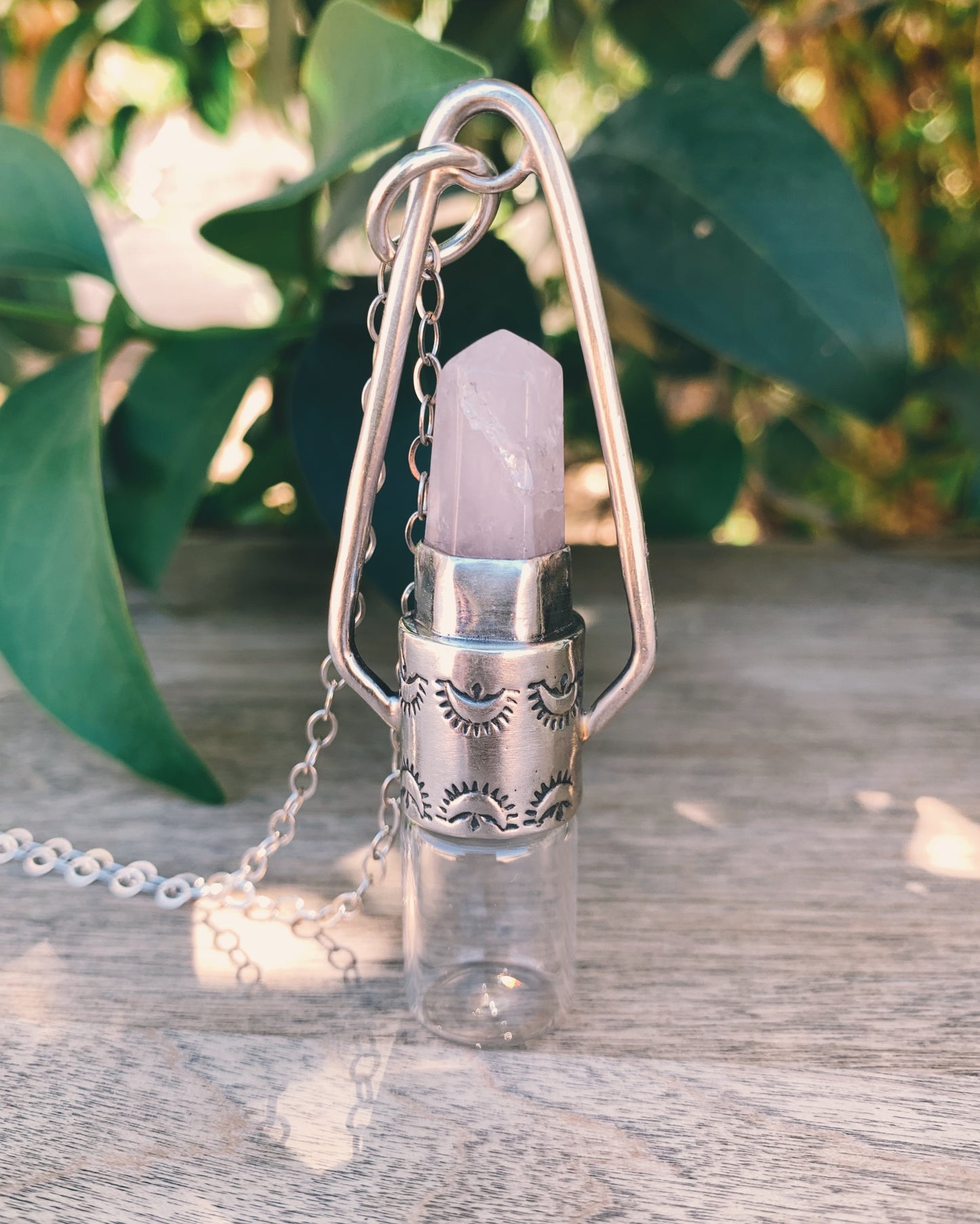 Sterling Silver Geometric - Rose Quartz Rollerball Necklace