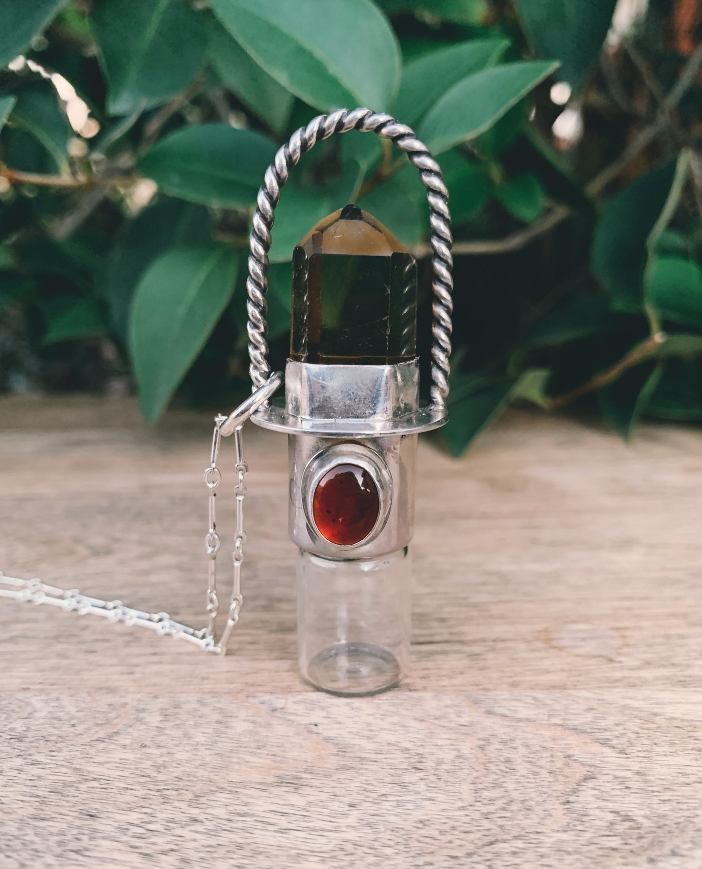Double Stone(Twisted) - Citrine, Baltic Amber and Sterling Silver Rollerball Necklace
