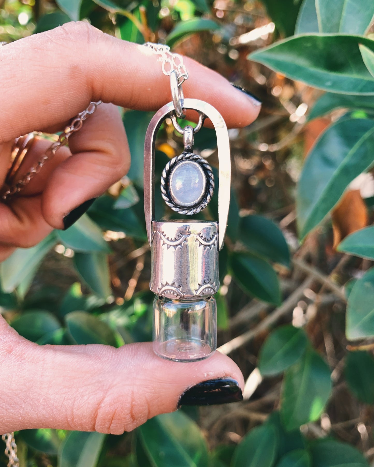 Floating - Rainbow Moonstone and Sterling Silver Rollerball Necklace