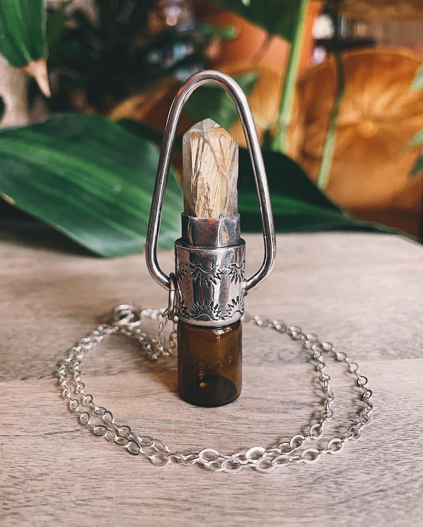 Gold Rutilated Quartz and Sterling Silver Rollerball Necklace