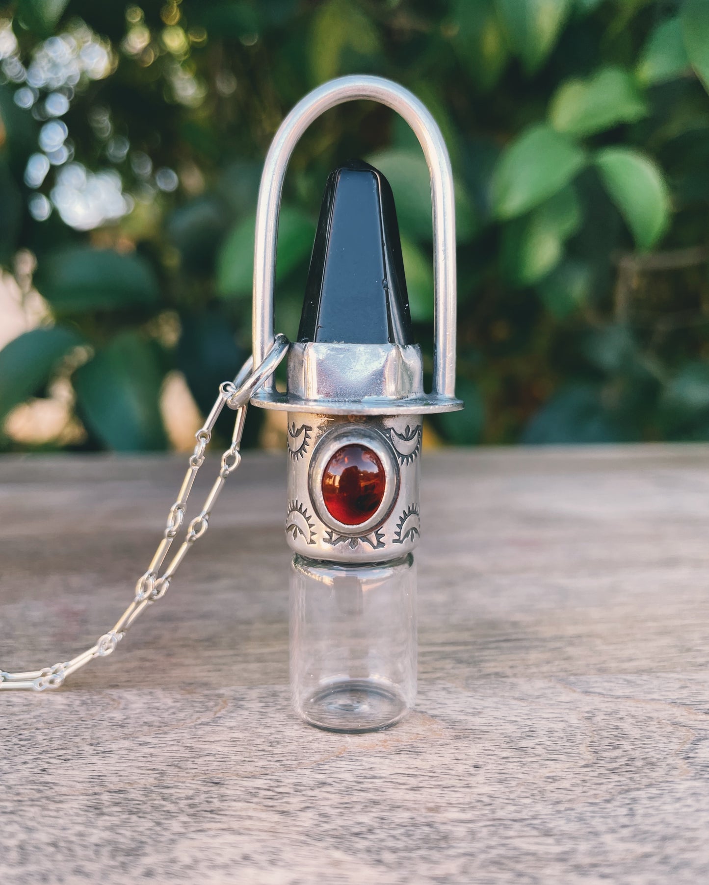 Sterling Silver Classic - Obsidian + Amber Rollerball Necklace