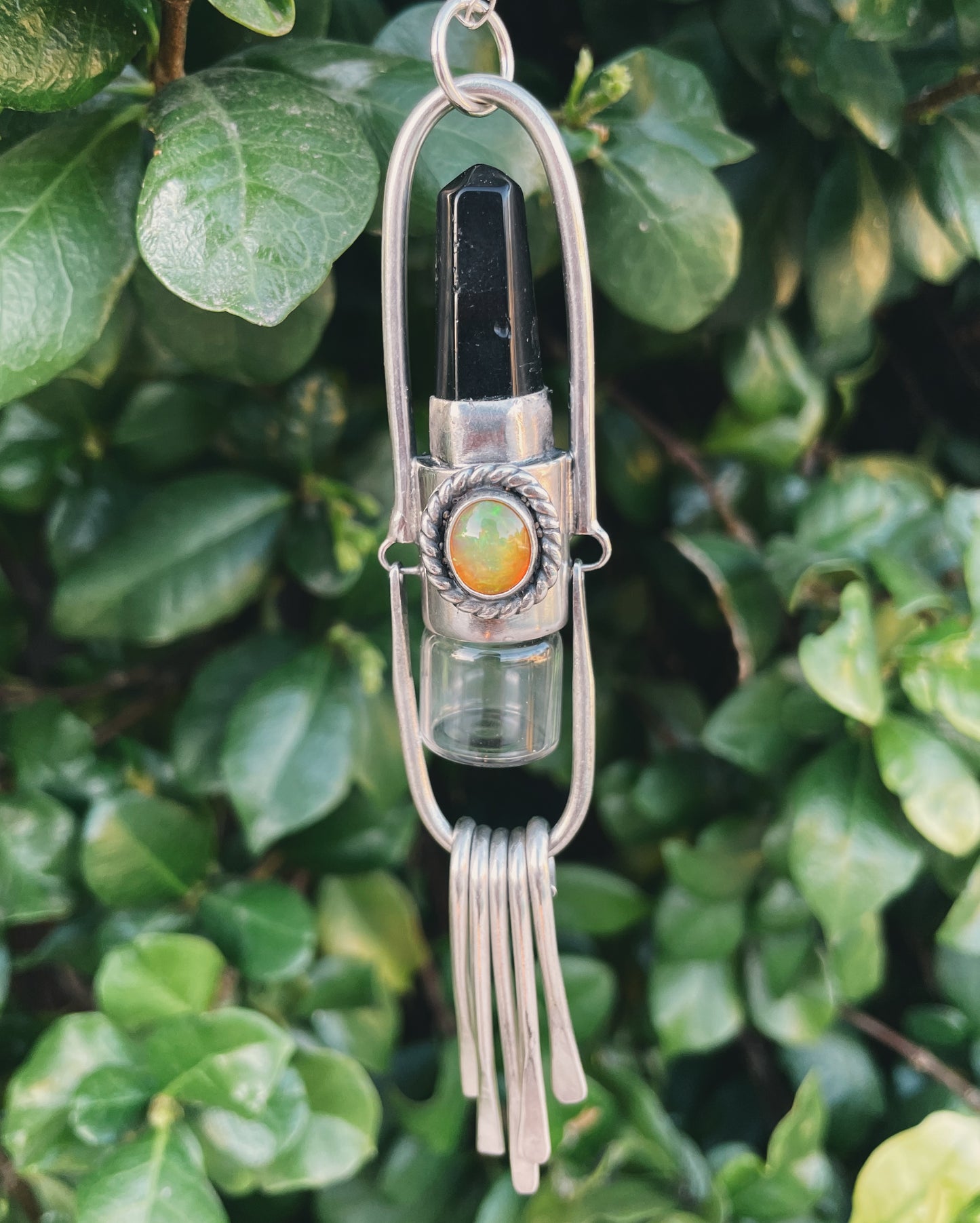 Ready to ship. Sterling Silver Fringe - Obsidian + Opal Rollerball Necklace