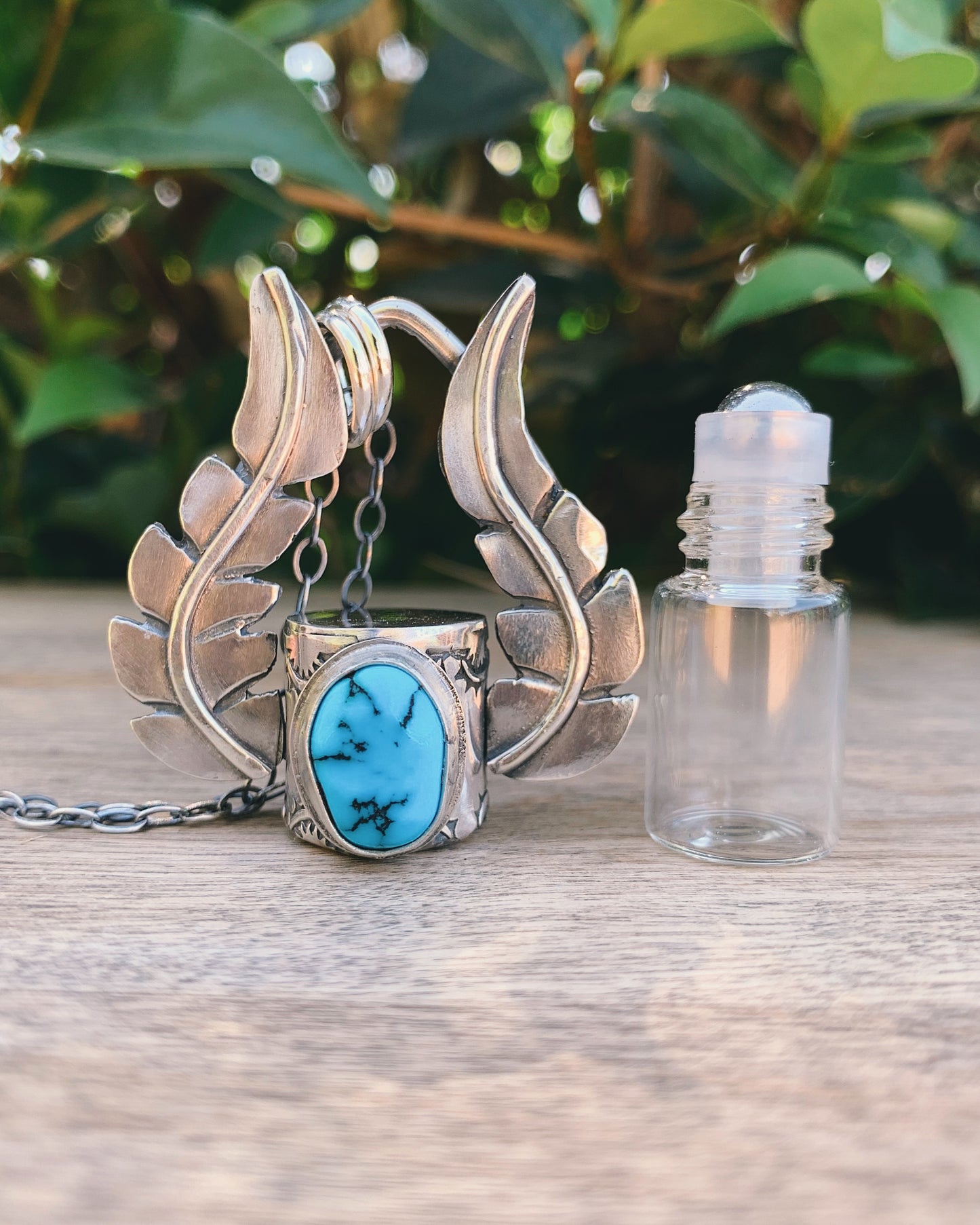 Sleeping Beauty Turquoise Leaves and Sterling Silver Horizon Rollerball Necklace