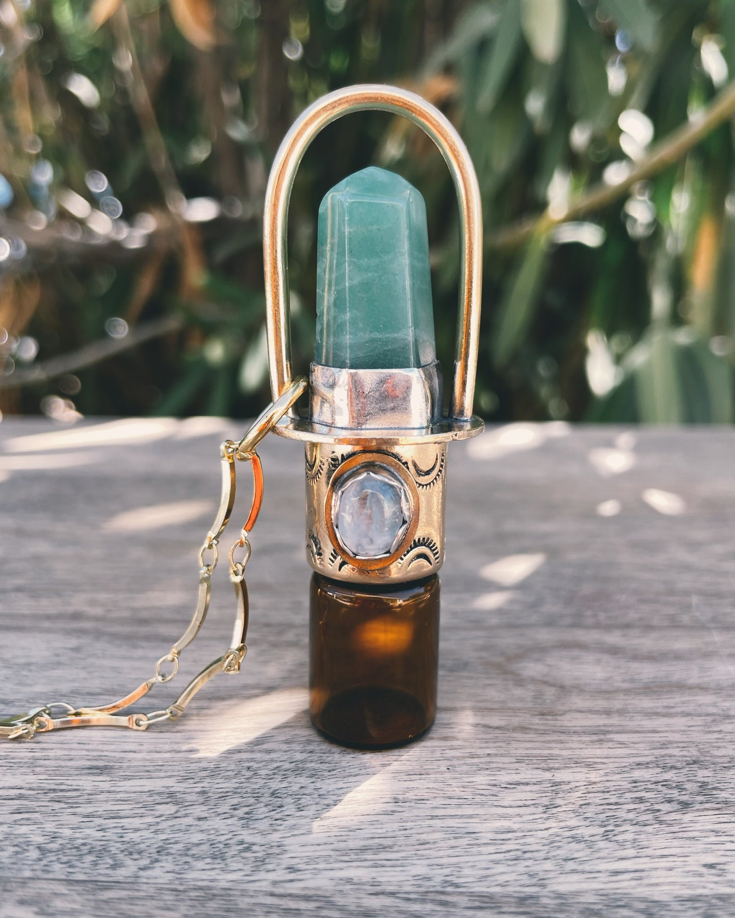 Brass Classic - Green Aventurine + Moonstone Rollerball Necklace