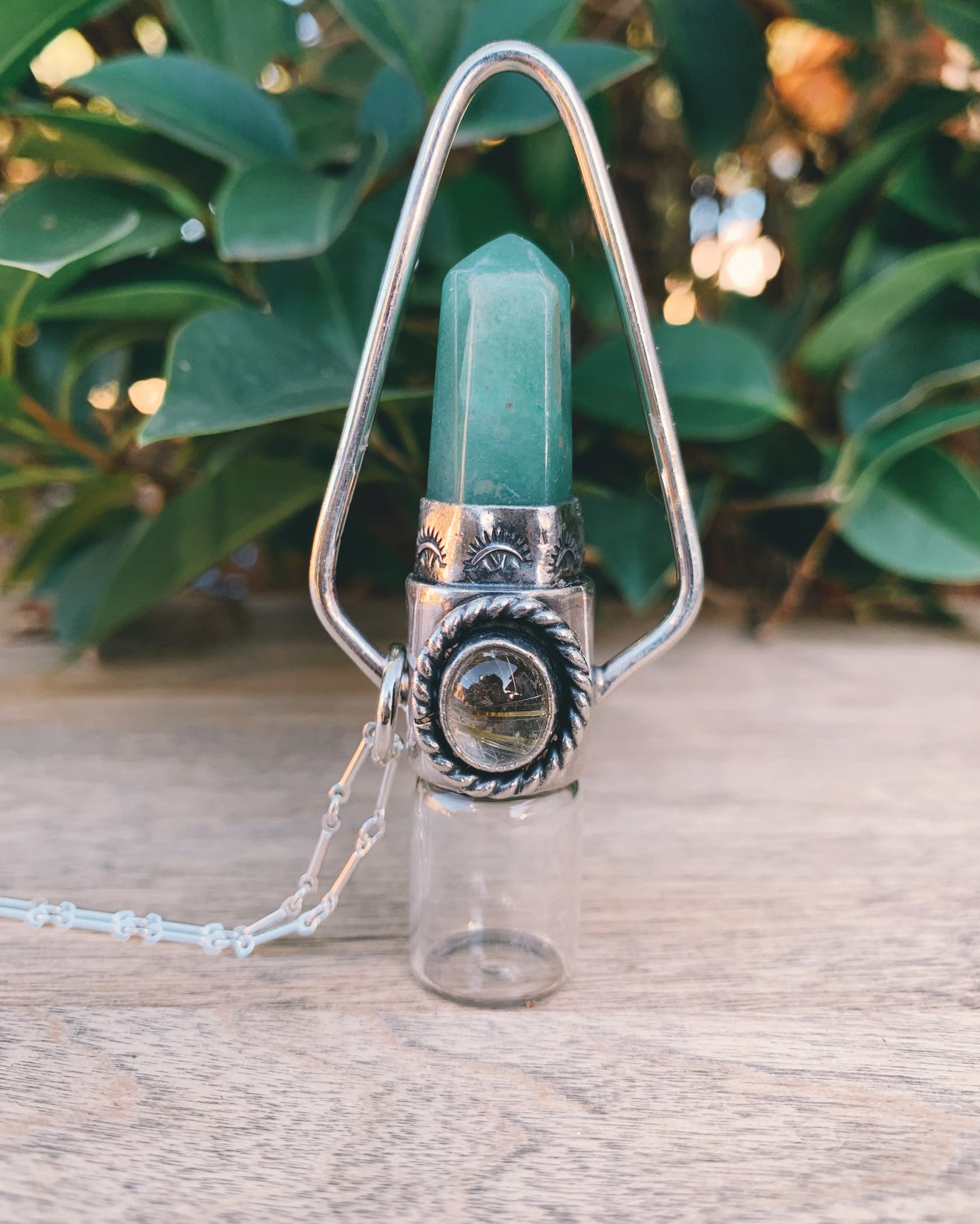 Sterling Silver Geometric - Green Aventurine and Gold Rutilated Quartz Rollerball Necklace
