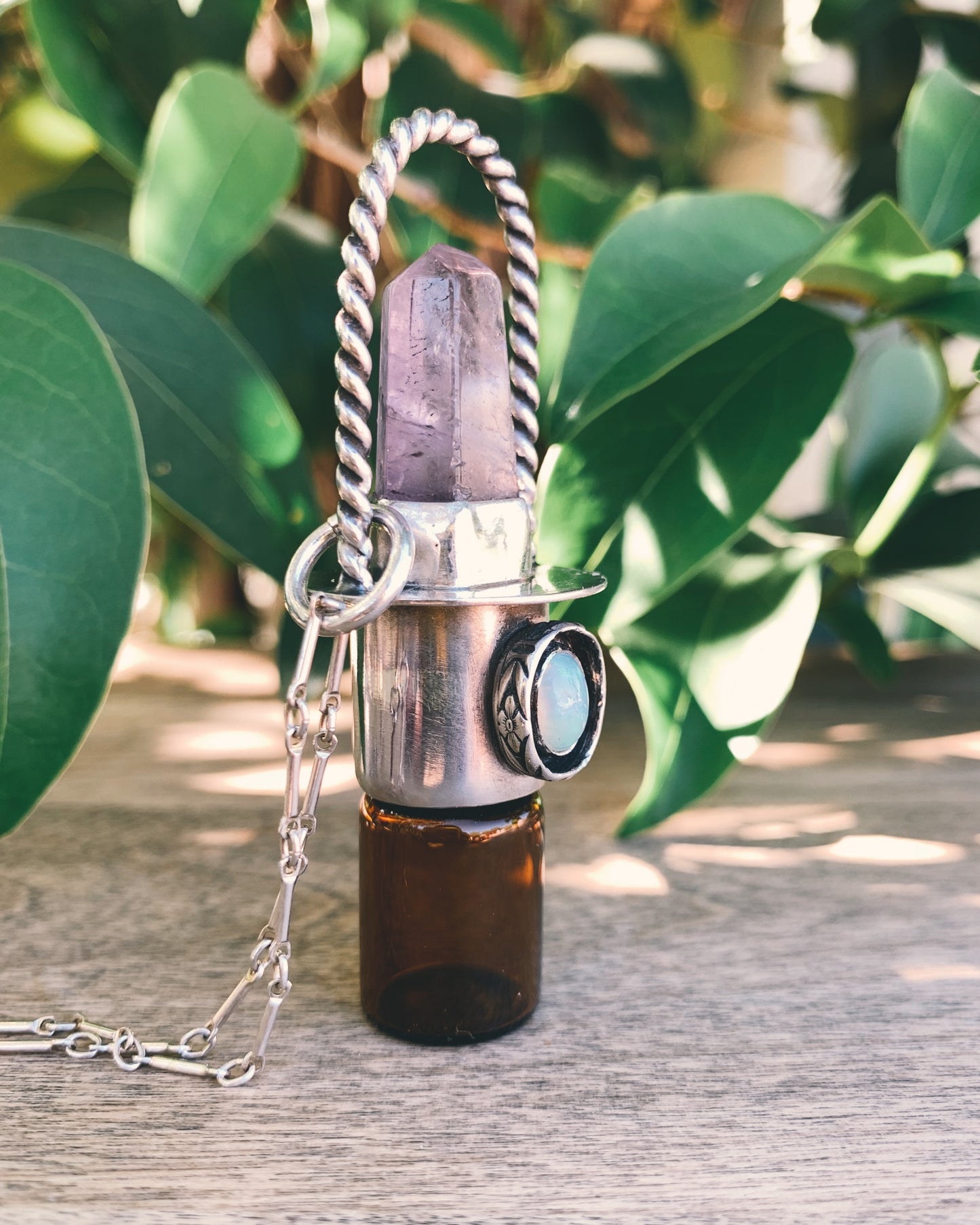 Sterling Silver Twisted Classic - Amethyst + Opal Rollerball Necklace