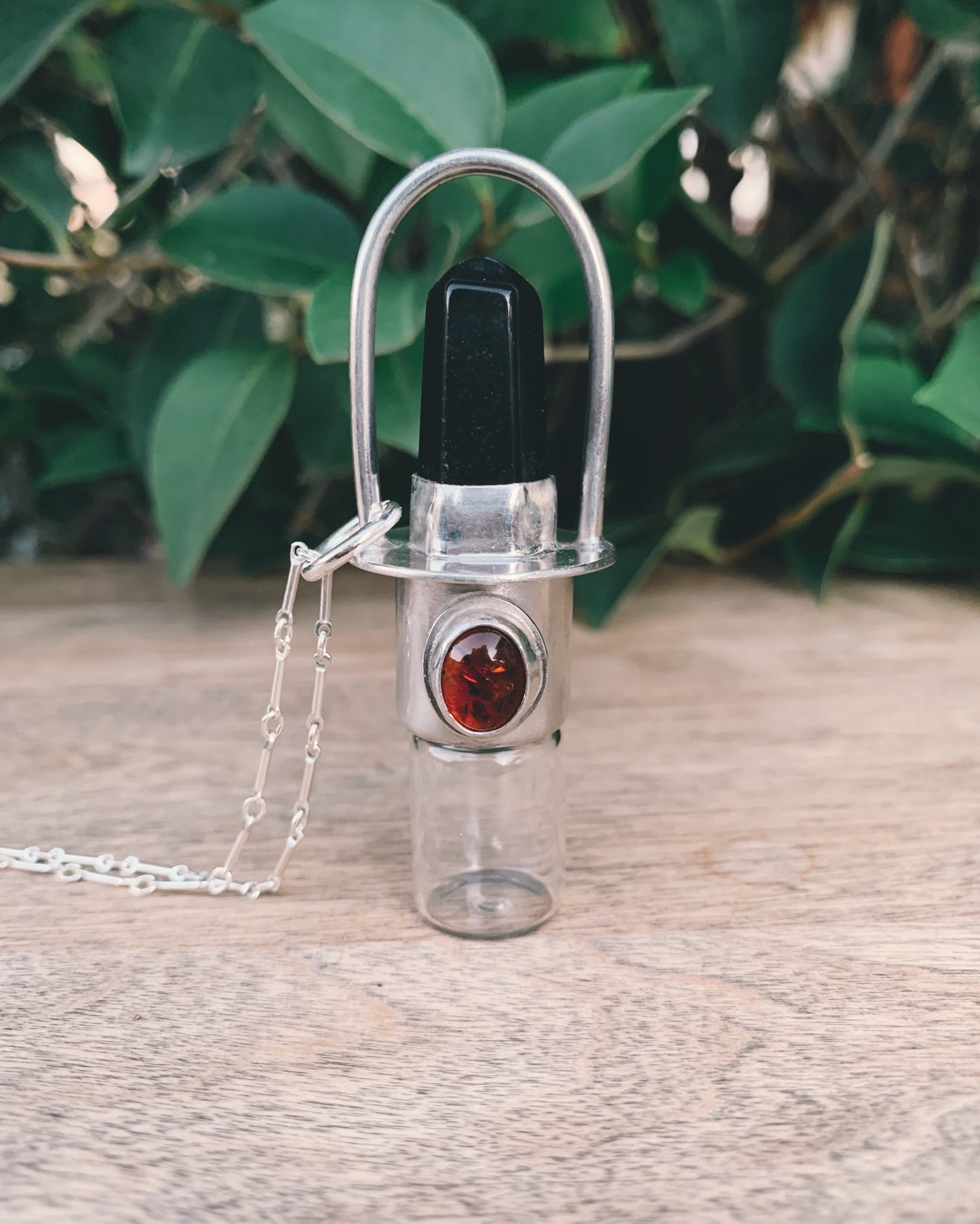 Double Stone - Obsidian, Amber, and Sterling Silver Rollerball Necklace