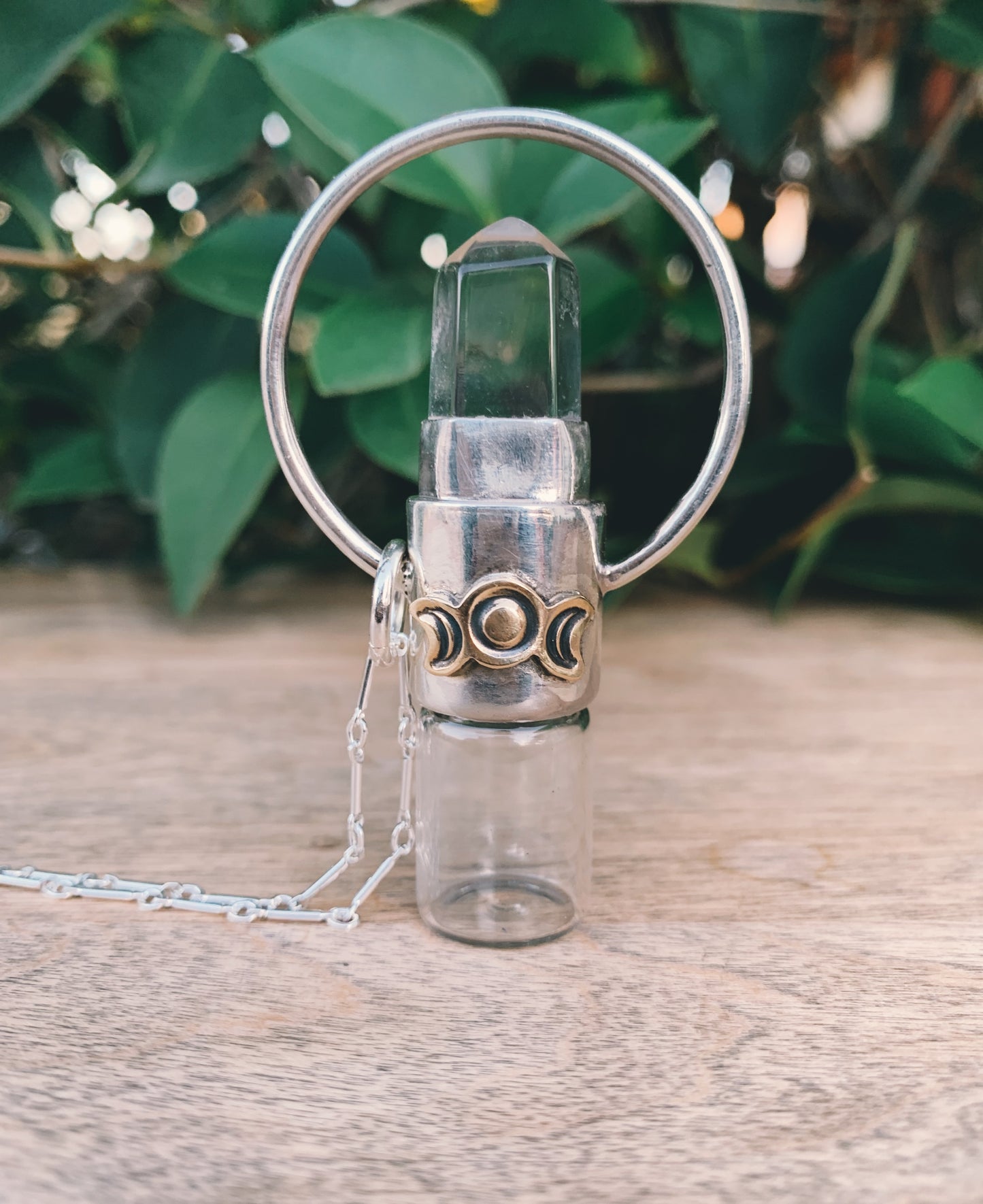 Horizon - Clear Quartz and Sterling Silver Rollerball Necklace(Moon Phase)