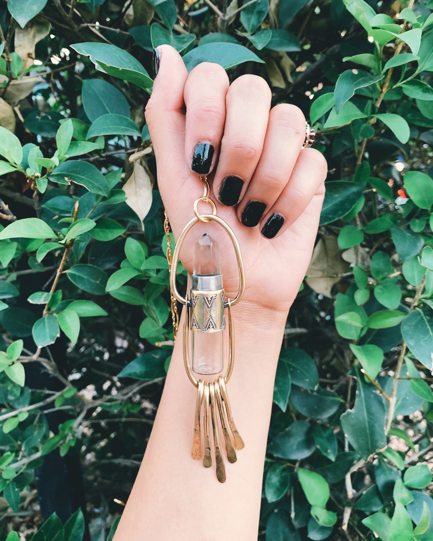 Fringe Clear Quartz and Brass Rollerball Necklace