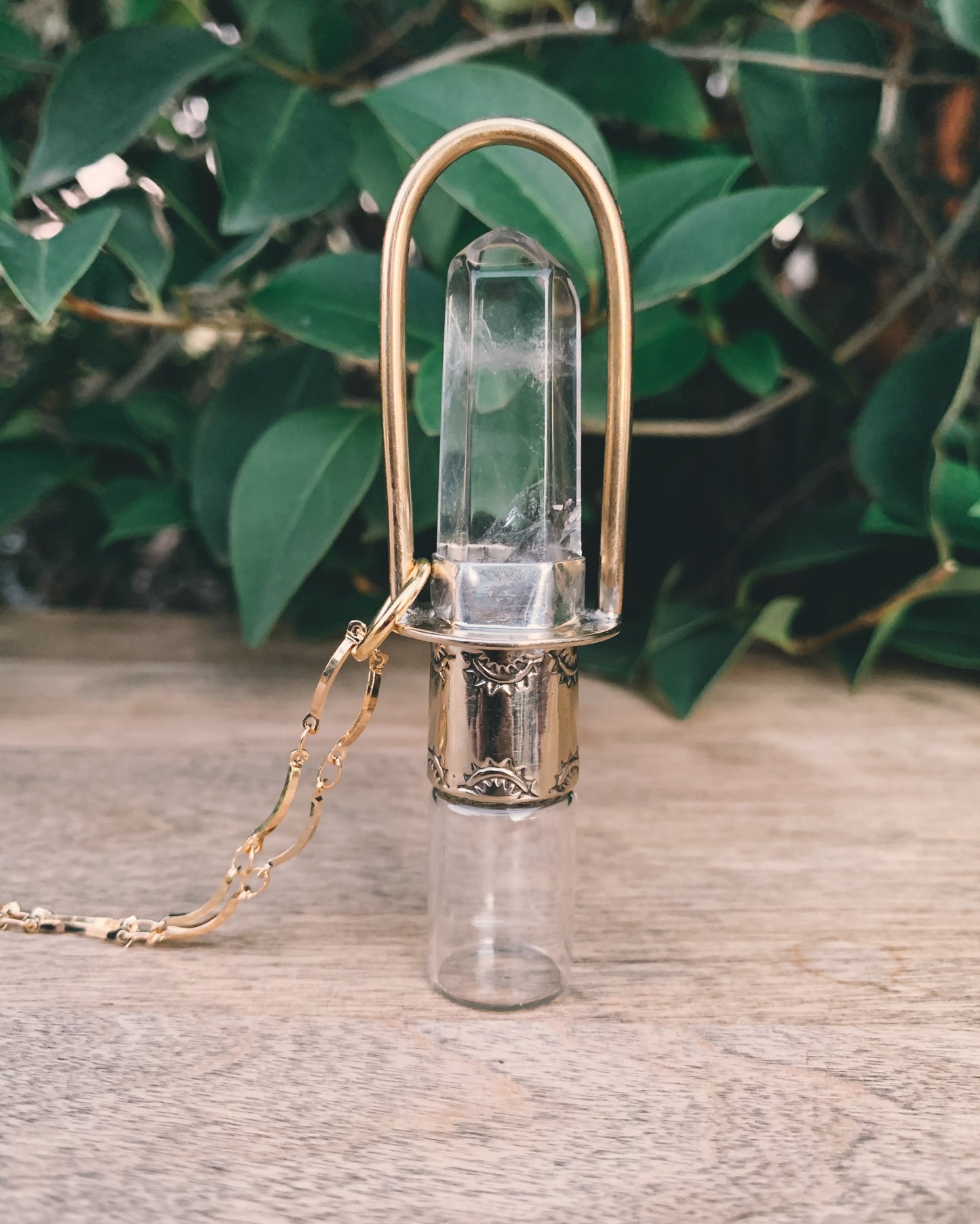 Classic - Clear Quartz and Brass Rollerball Necklace(Large Crystal)