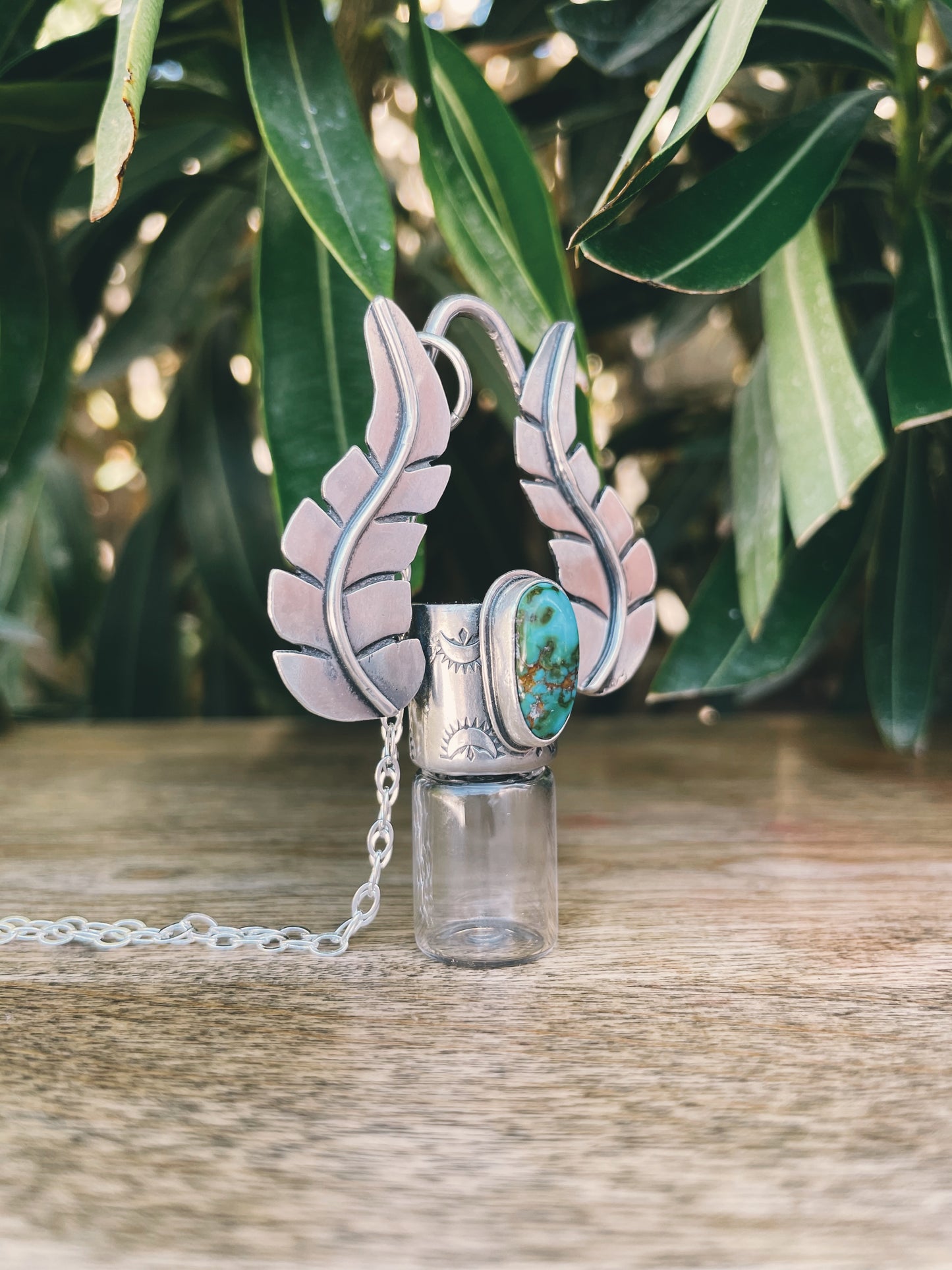 Sterling Silver Geometric Leafy - Royston Turquoise Rollerball Necklace