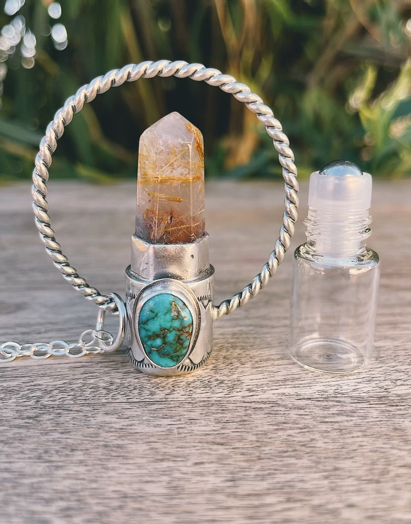 Sterling Silver Horizon - Golden Rutilated Quartz + Kingman Turquoise Rollerball Necklace