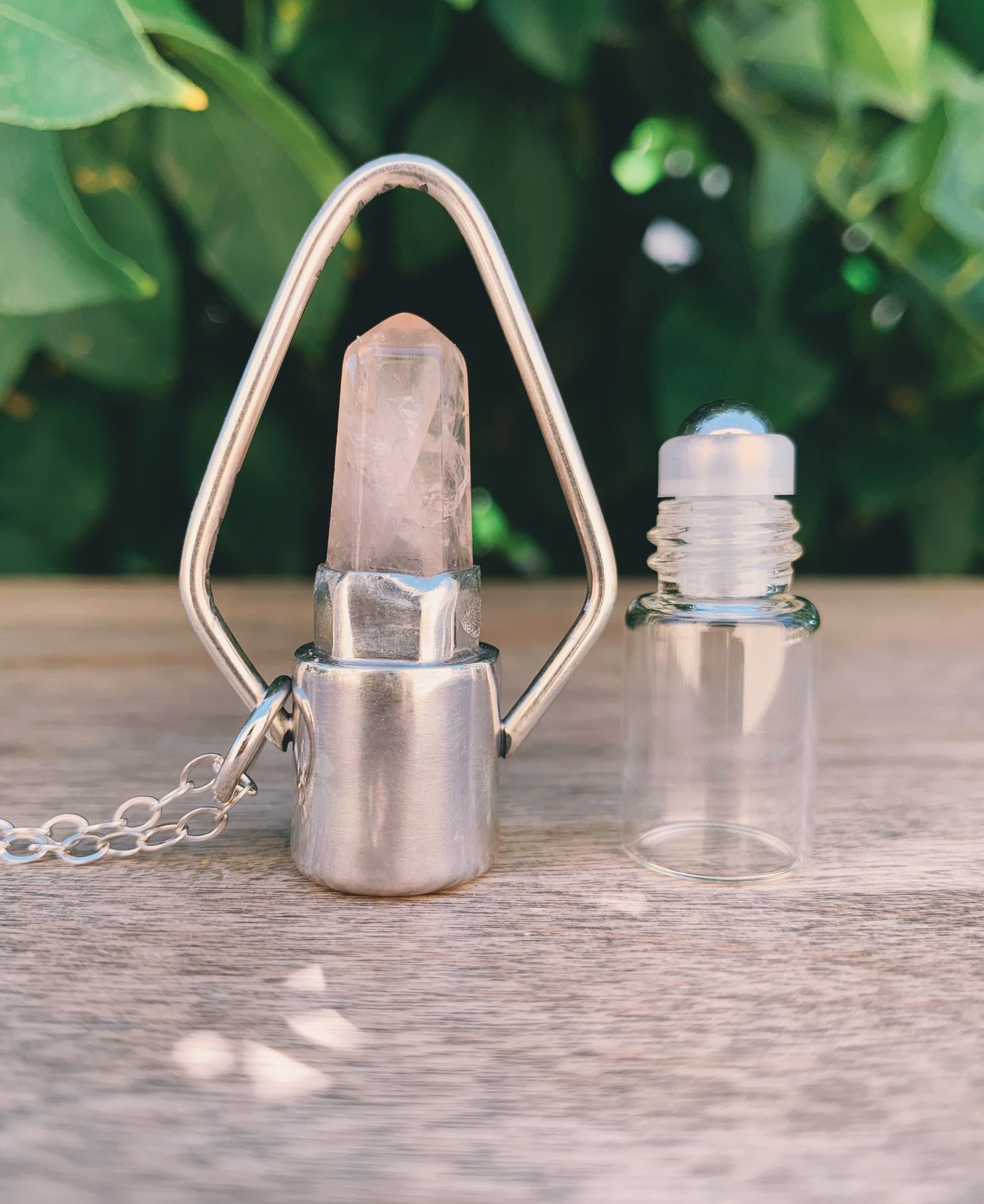 Geometric - Rose Quartz and Sterling Silver Rollerball Necklace