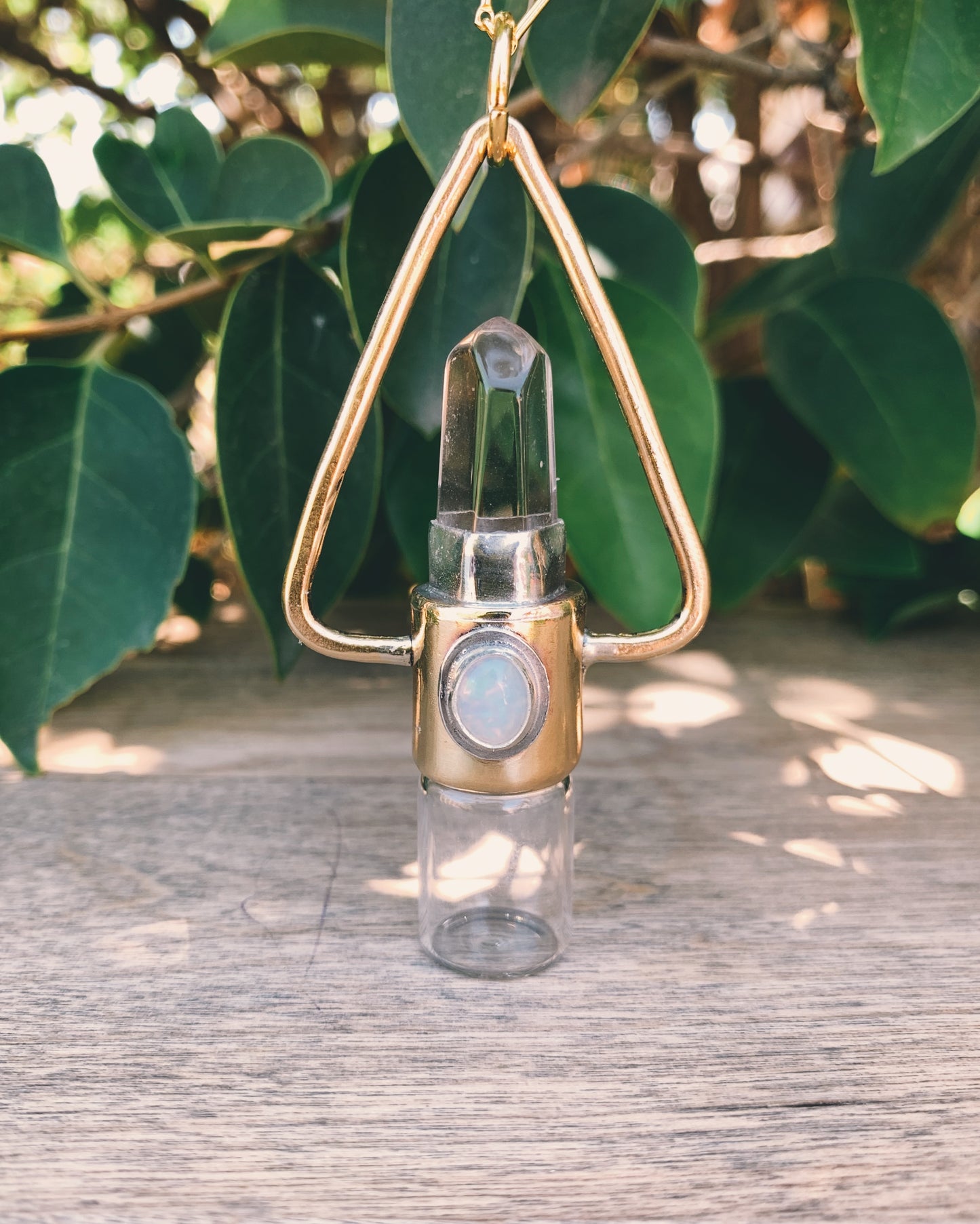 Brass Fire Element - Clear Quartz + Opal Rollerball Necklace