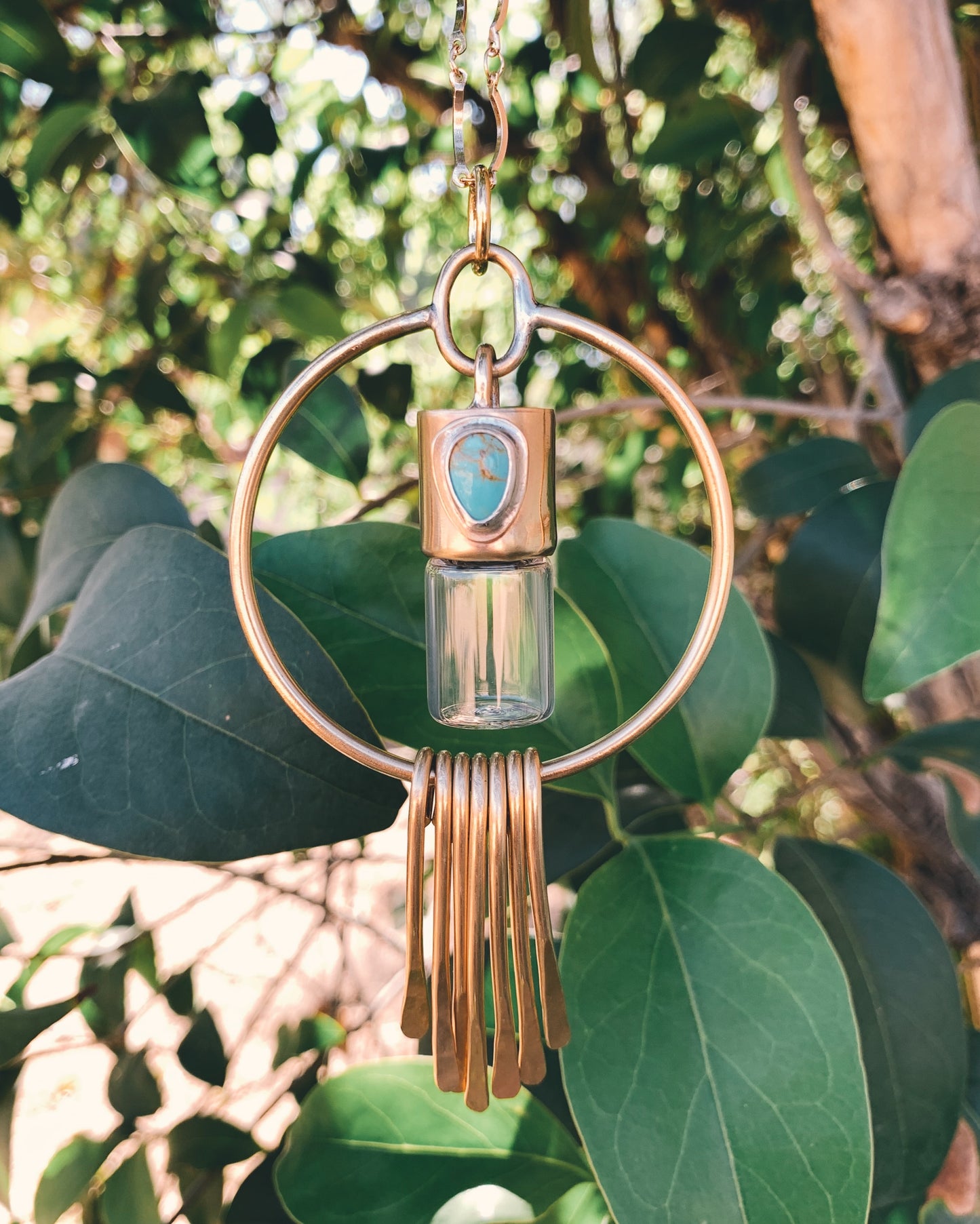 Brass Oleum Dream Catcher - Morenci Turquoise Rollerball Necklace