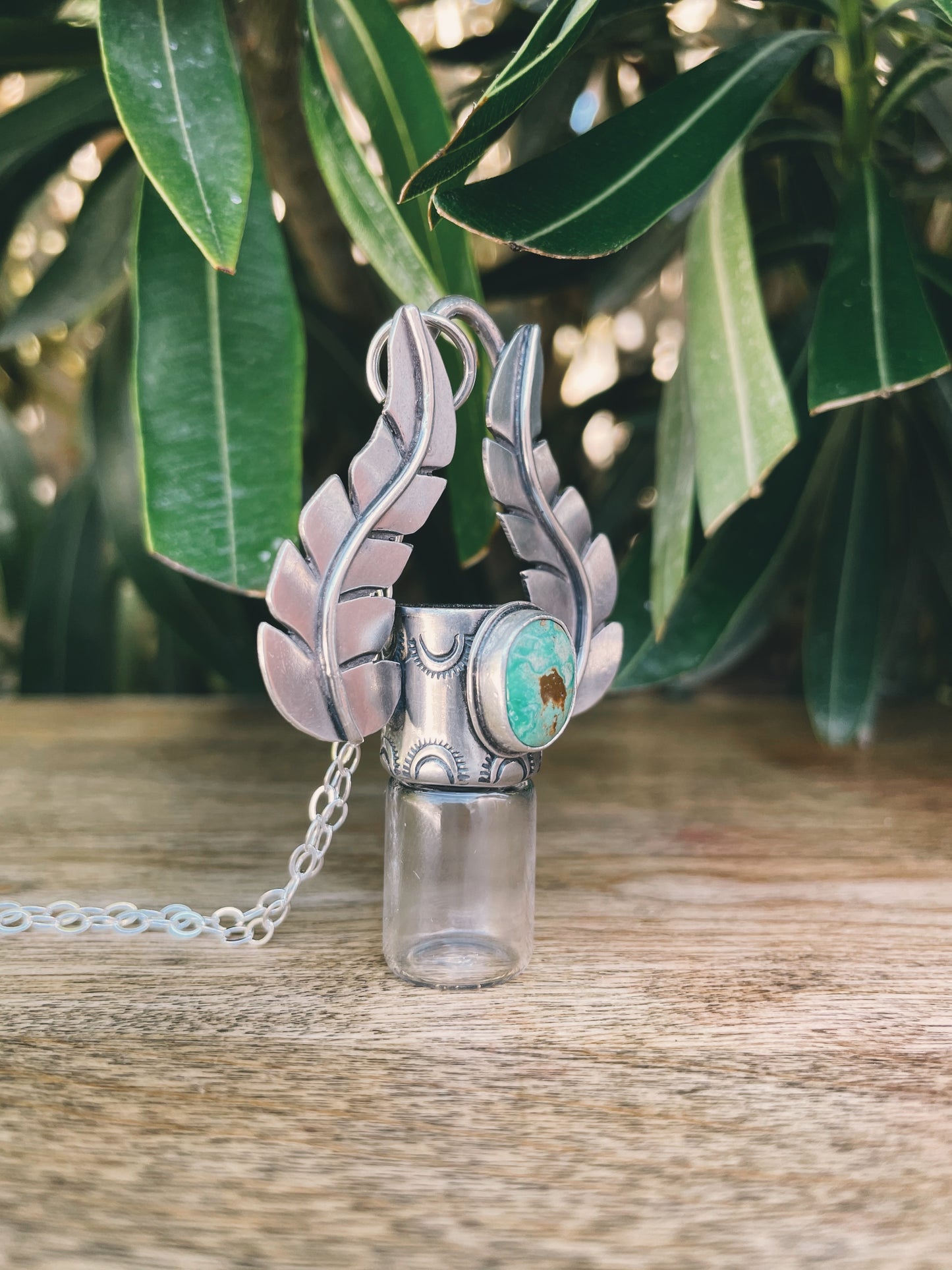Sterling Silver Geometric Leafy - Royston Turquoise Rollerball Necklace