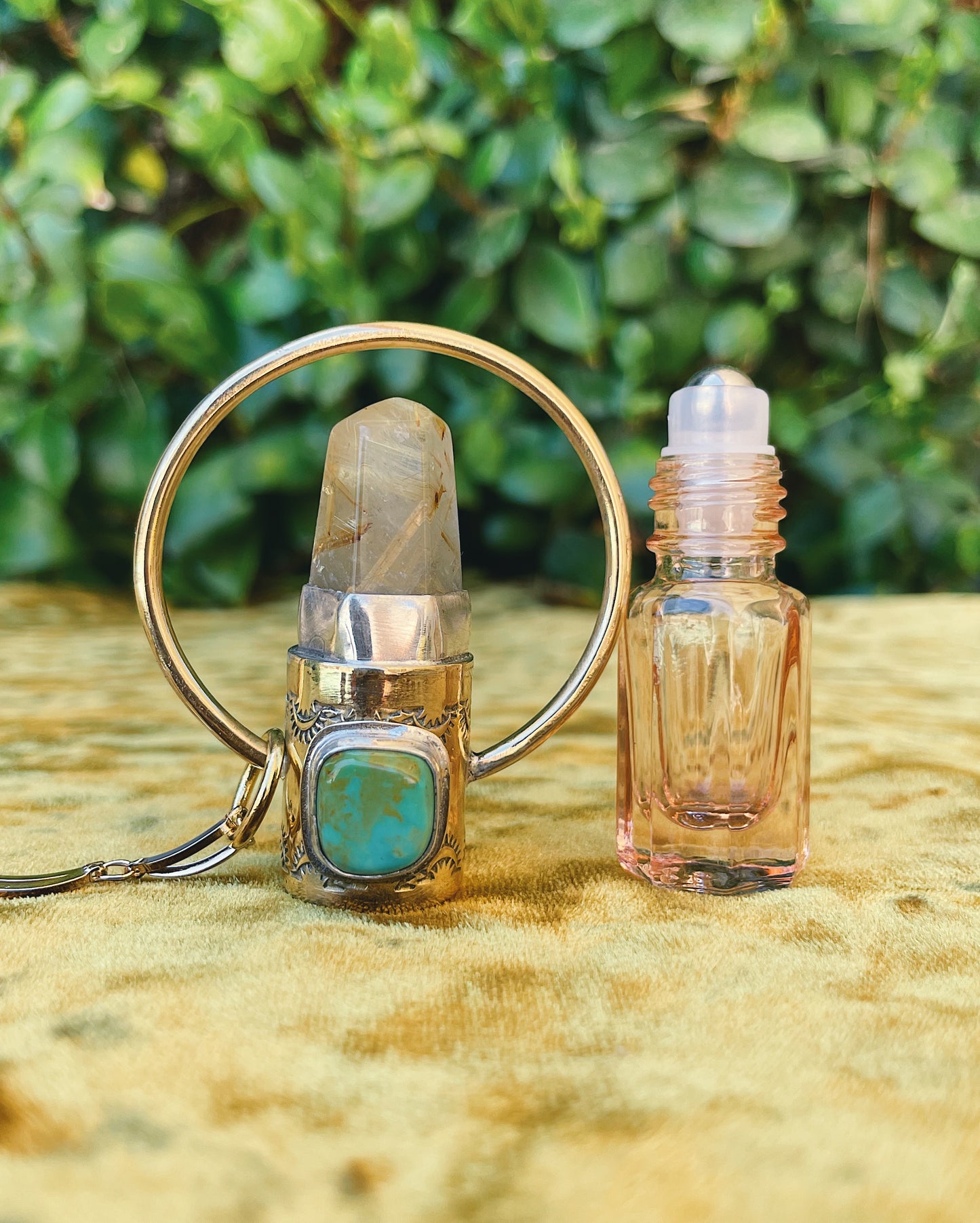 Gold Rutilated Quartz & Turquoise Rollerball Necklace