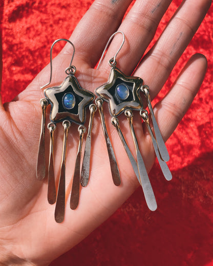 Opal Brass Star Shadowbox fringe Earrings