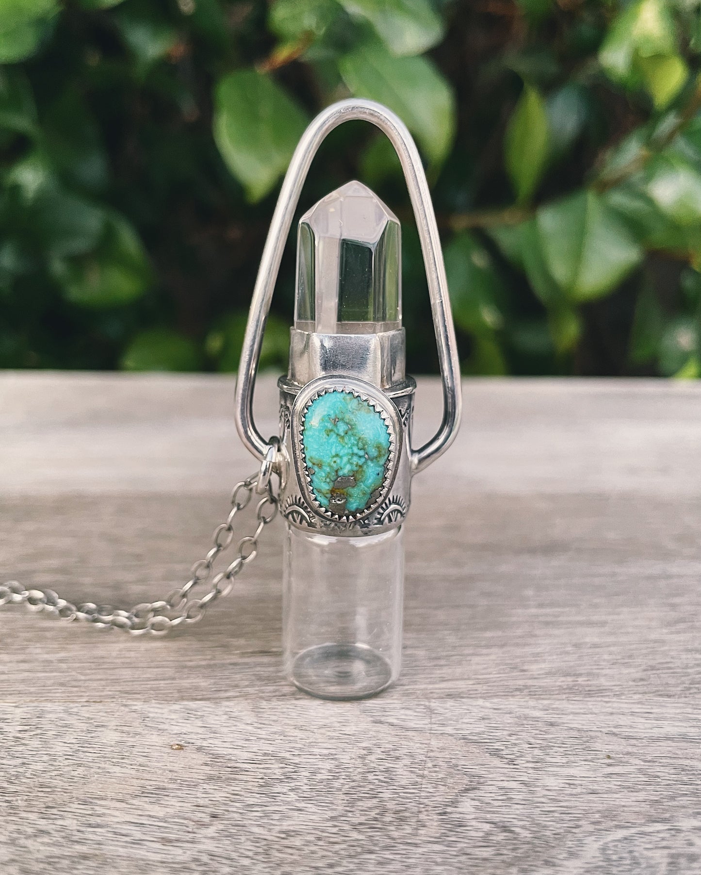 Sterling Silver Clear Quartz and Sonoran Turquoise Rollerball Necklace