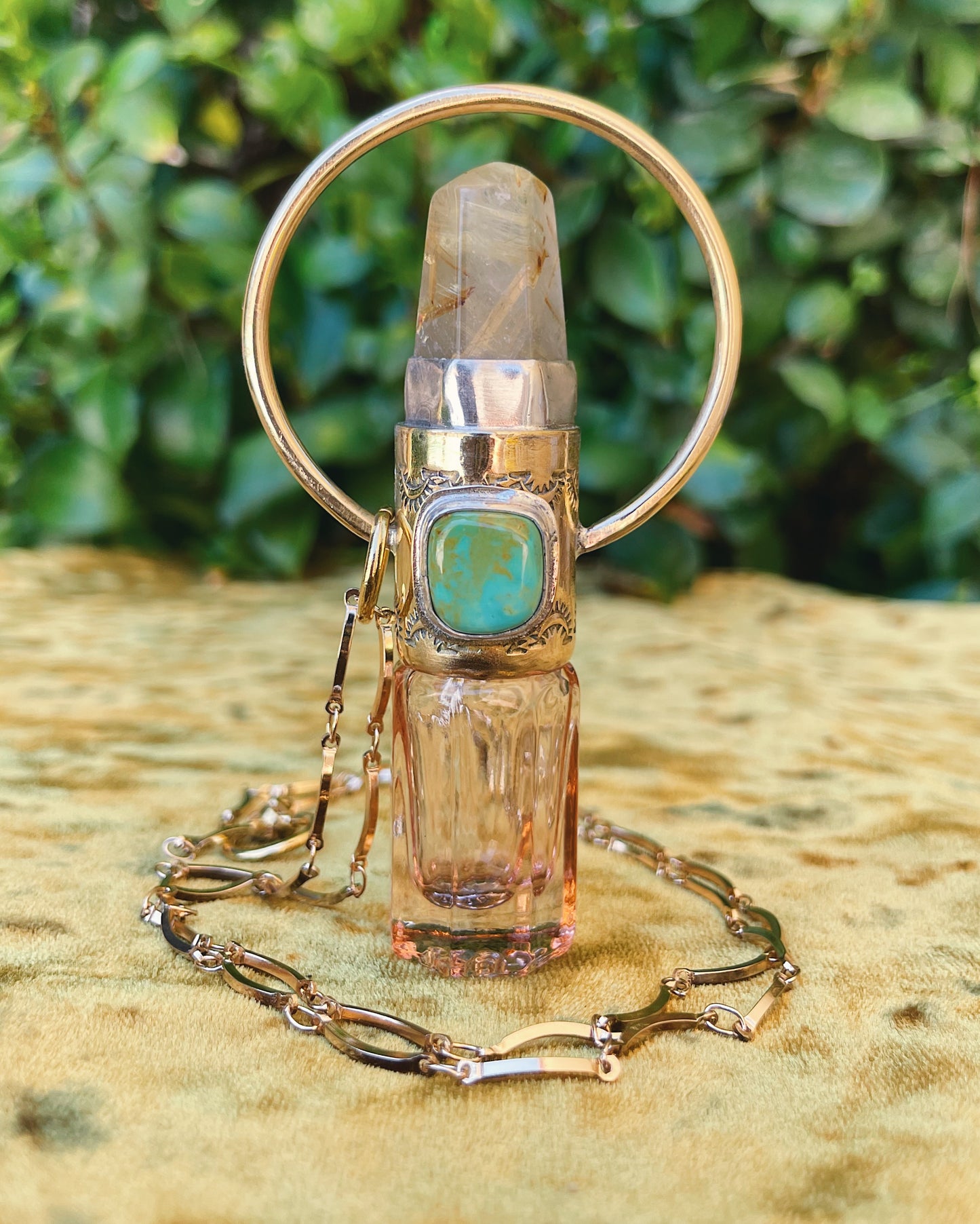 Gold Rutilated Quartz & Turquoise Rollerball Necklace
