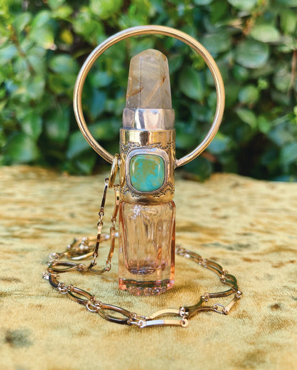 Gold Rutilated Quartz & Turquoise Rollerball Necklace