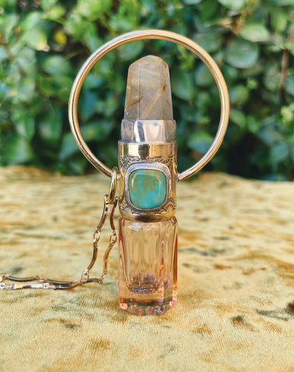 Gold Rutilated Quartz & Turquoise Rollerball Necklace