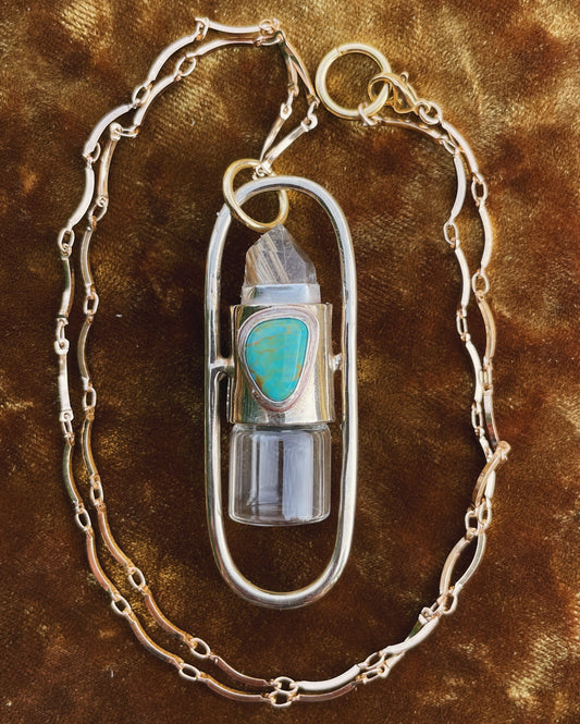 Brass Lucid - Rutilated Quartz + Campitos Turquoise Rollerball Necklace