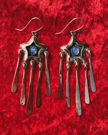 Opal Brass Star Shadowbox fringe Earrings