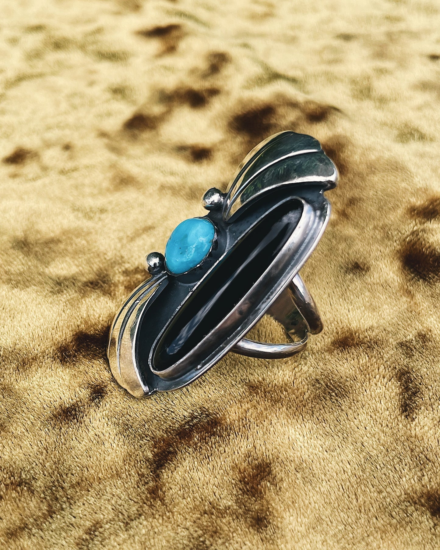 Onyx & Turquoise Ring Sz 6.5