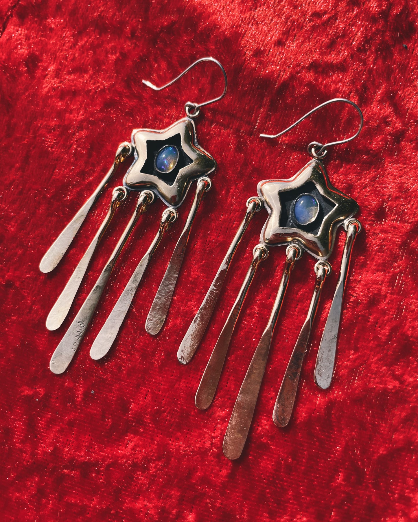Opal Brass Star Shadowbox fringe Earrings