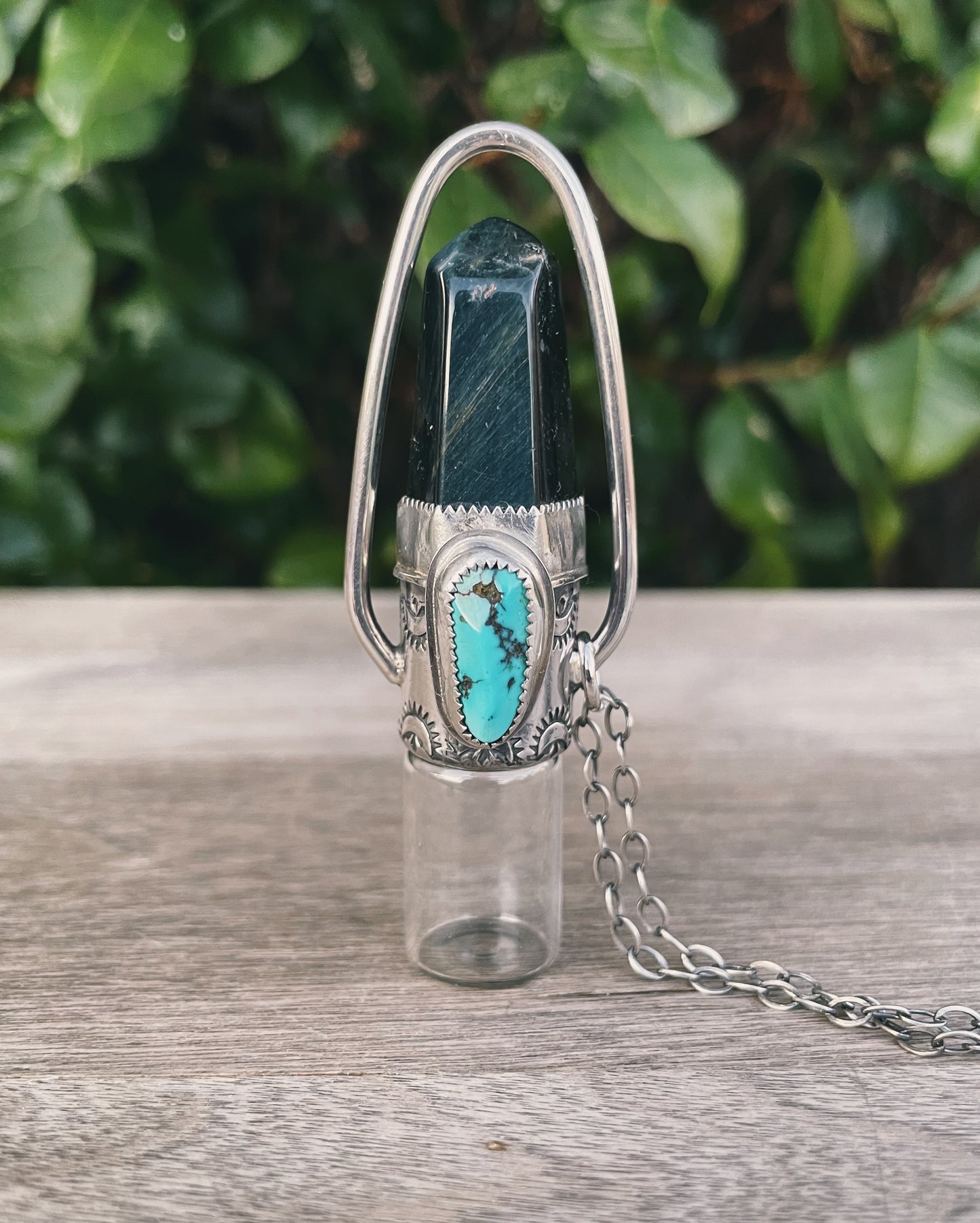 Sterling Silver Geo- Falcon's Eye + Sleeping Beauty Turquoise Rollerball Necklace
