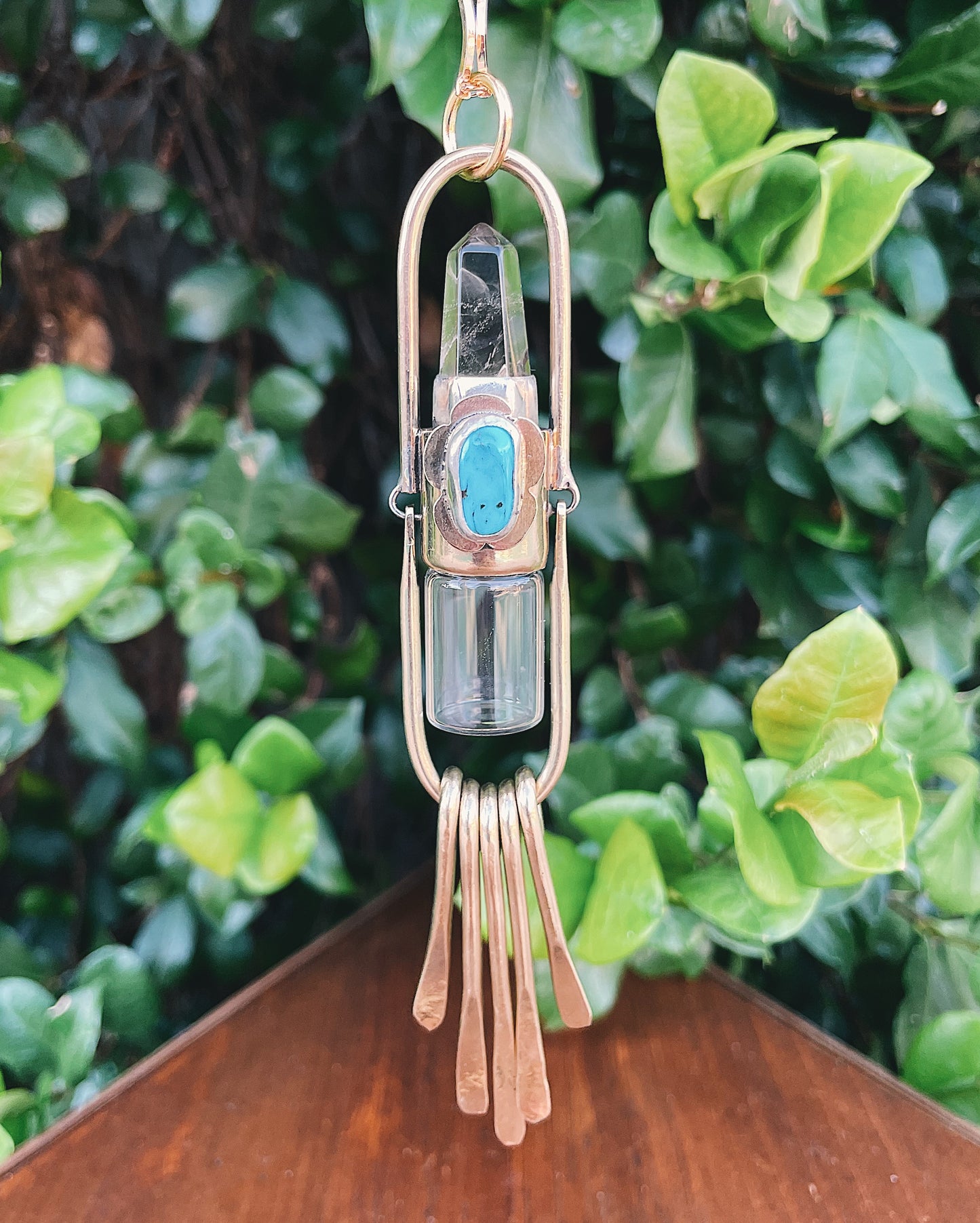 Brass Fringe Clear Quartz and Sleeping Beauty Turquoise Rollerball Necklace