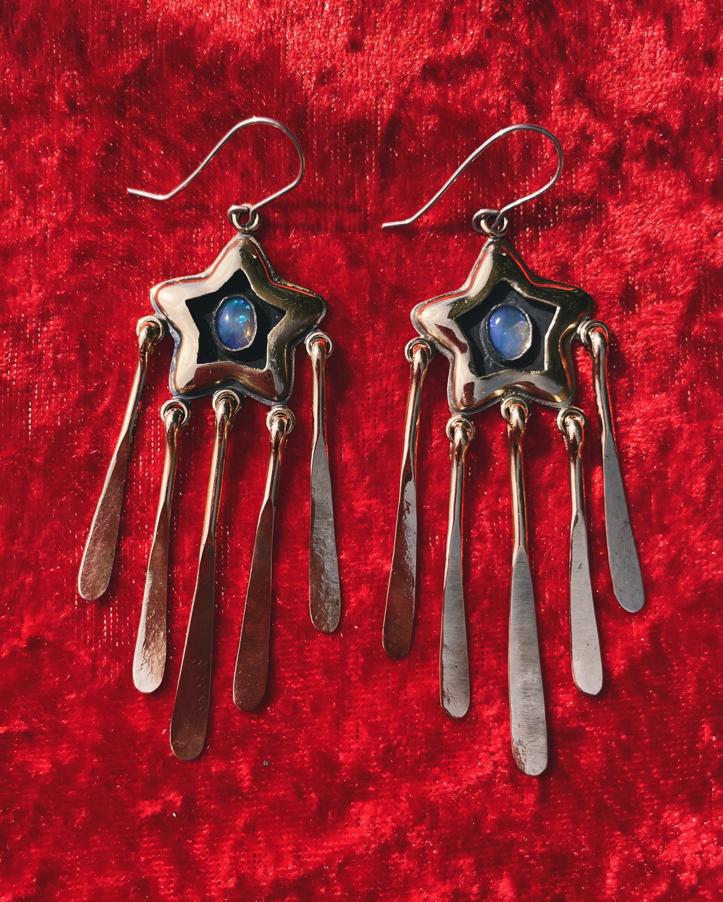 Opal Brass Star Shadowbox fringe Earrings